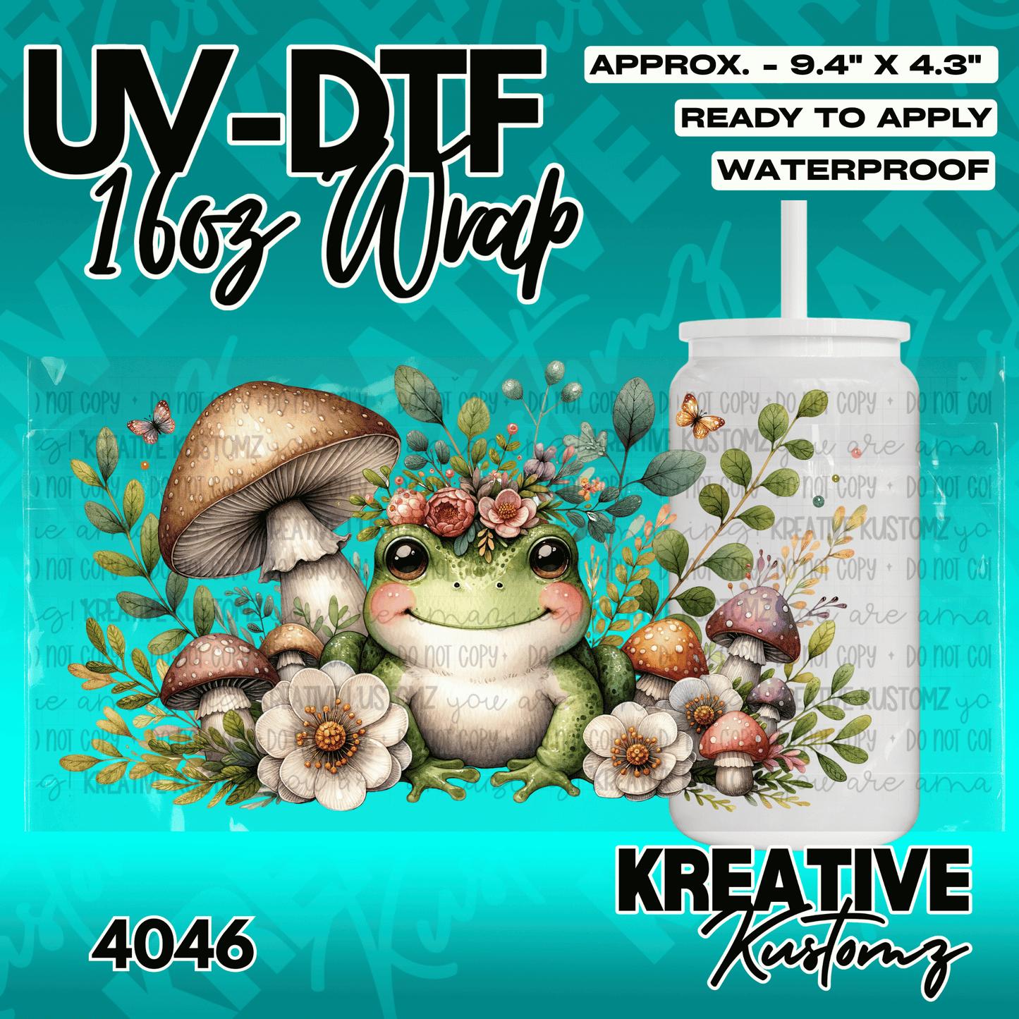 A floral UV DTF cup wrap featuring a cute frog surrounded by mushrooms and flowers.