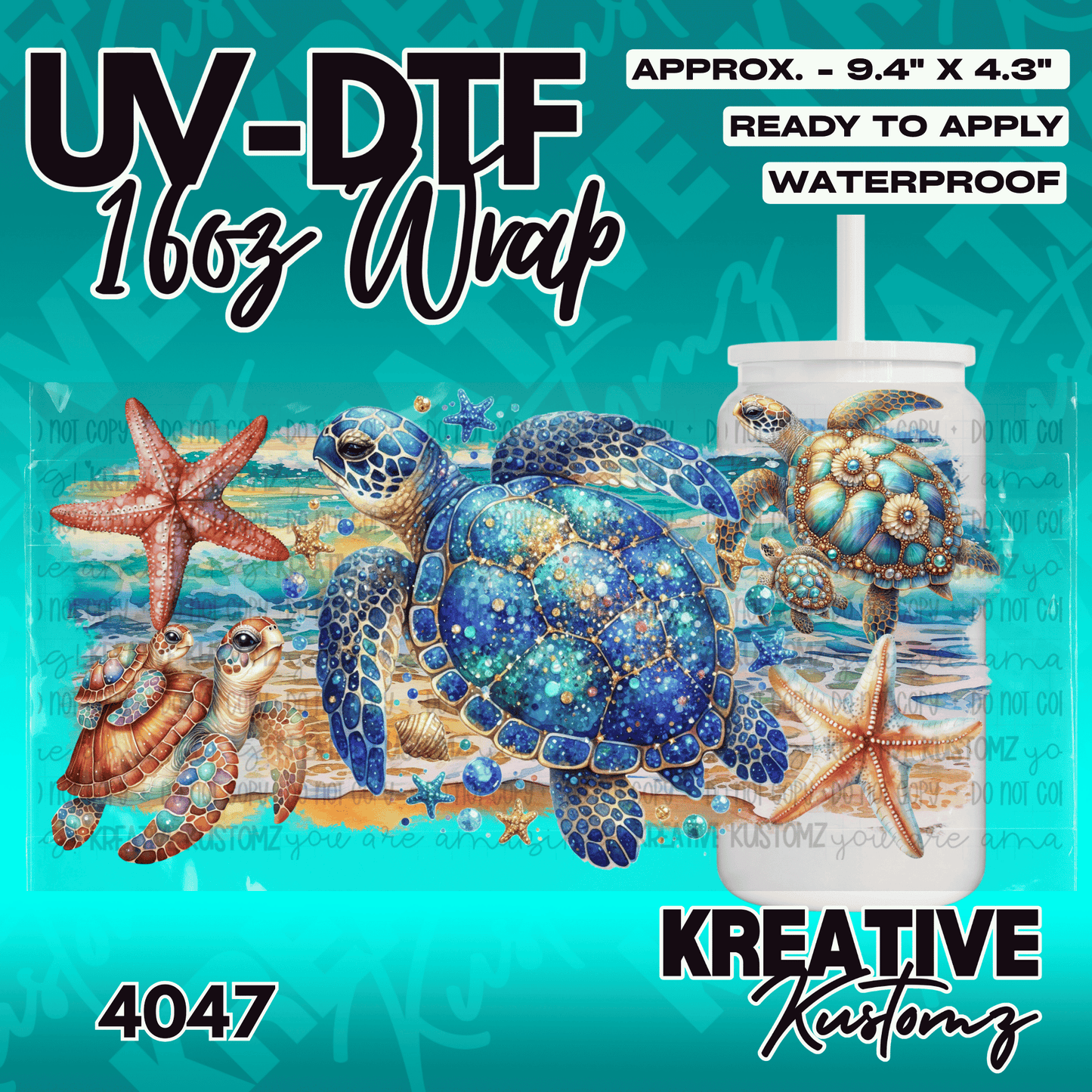 A UV DTF adhesive wrap featuring sea turtles and starfish on a beach scene for a glass cup.