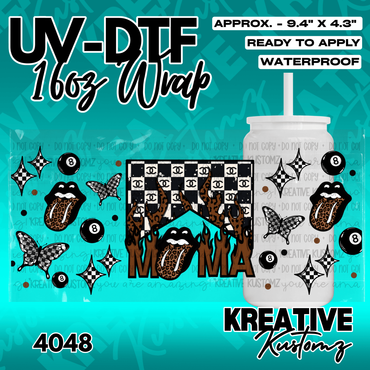 A UV DTF cup wrap featuring a black and white checkered pattern, leopard print lips, and butterflies.