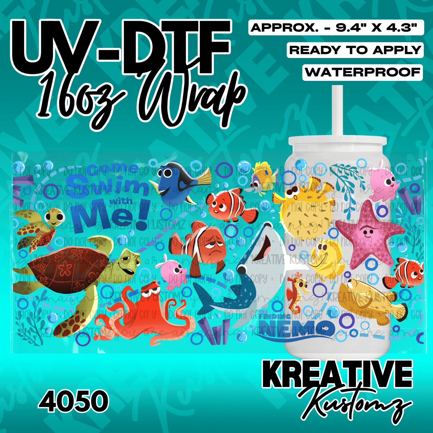 A Finding Nemo themed UV DTF adhesive wrap for a 16oz glass cup featuring various sea creatures.
