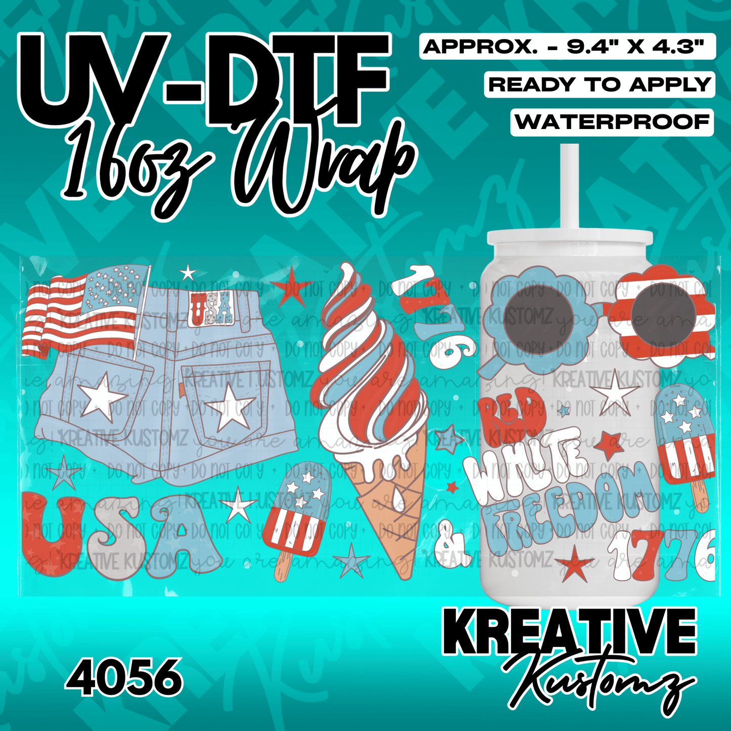 A patriotic themed UV DTF adhesive wrap for 16oz glass cans featuring American flag and summer icons.