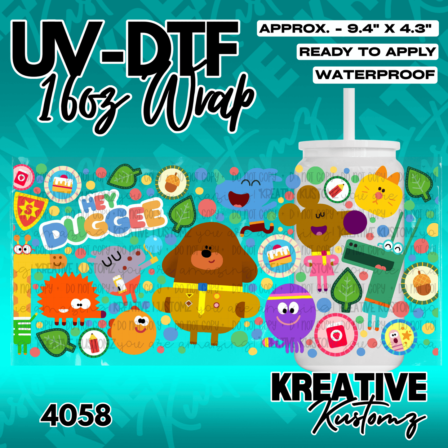 A Hey Duggee themed UV DTF adhesive wrap for a 16oz glass cup featuring colorful cartoon characters.