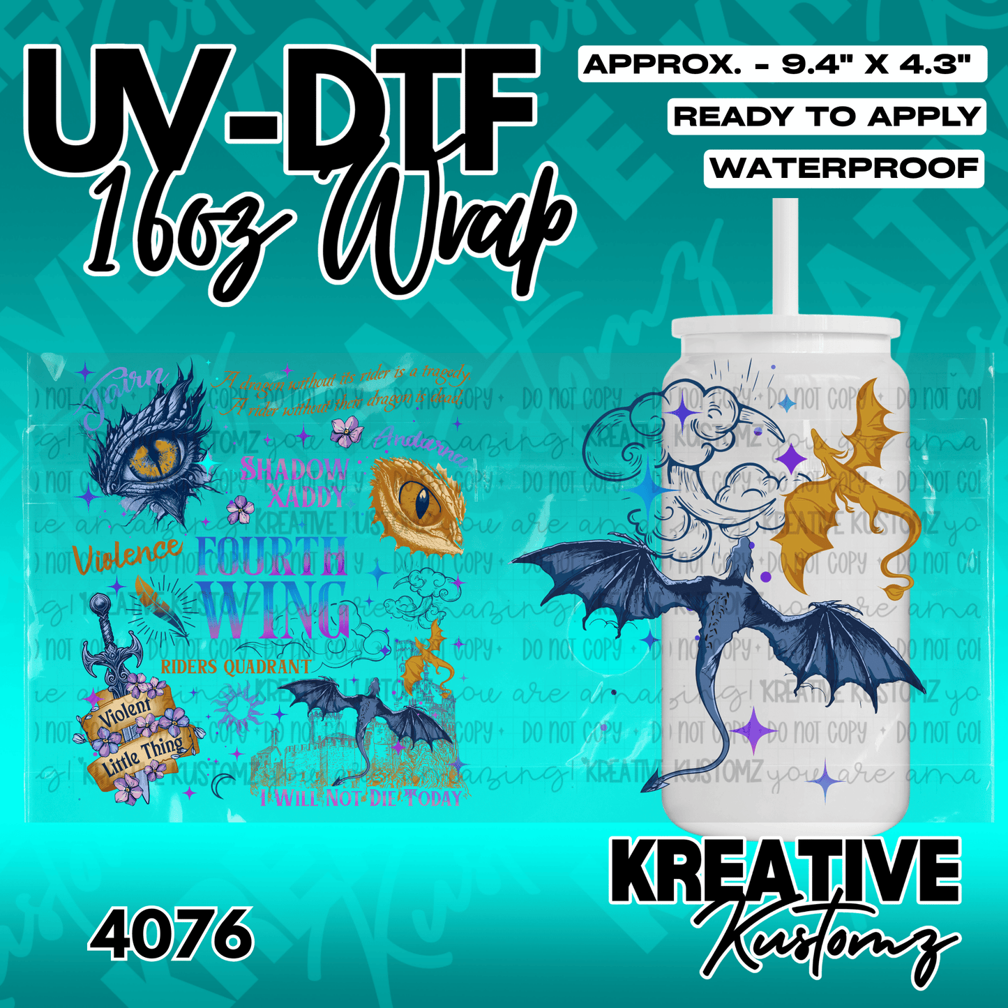 A vibrant UV DTF adhesive wrap featuring dragon and fantasy designs for a 16oz glass cup.