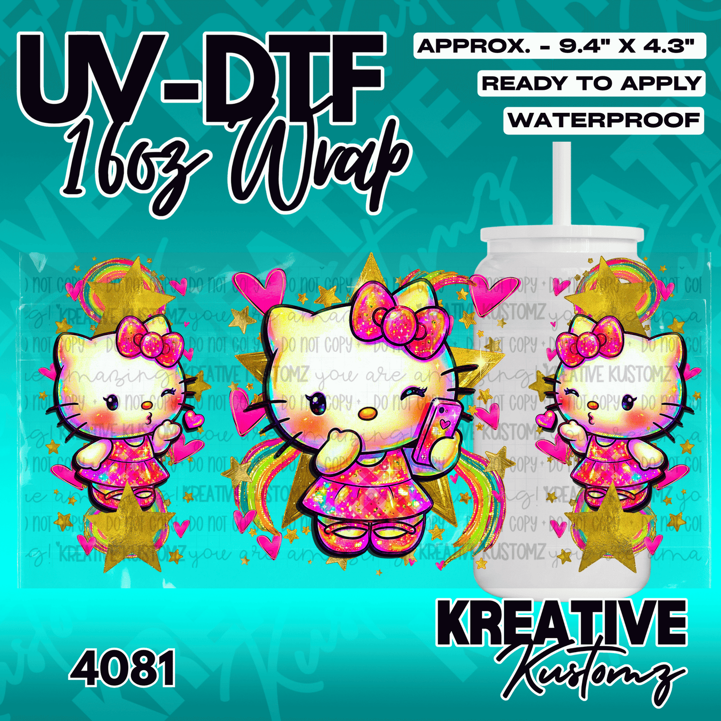 A UV DTF adhesive wrap for a 16oz glass cup featuring a colorful Hello Kitty design with stars.