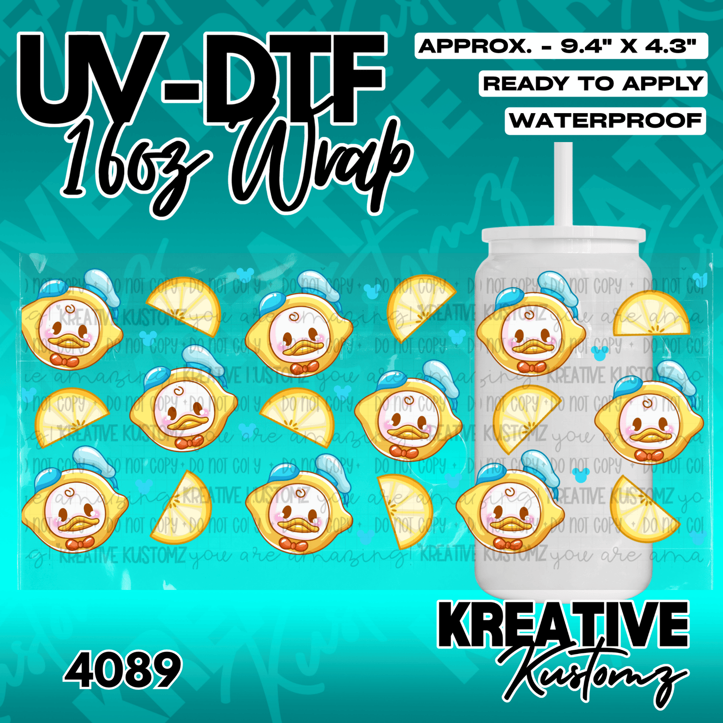 A UV DTF adhesive wrap for a 16oz glass cup featuring a pattern of lemon-themed cartoon ducks.