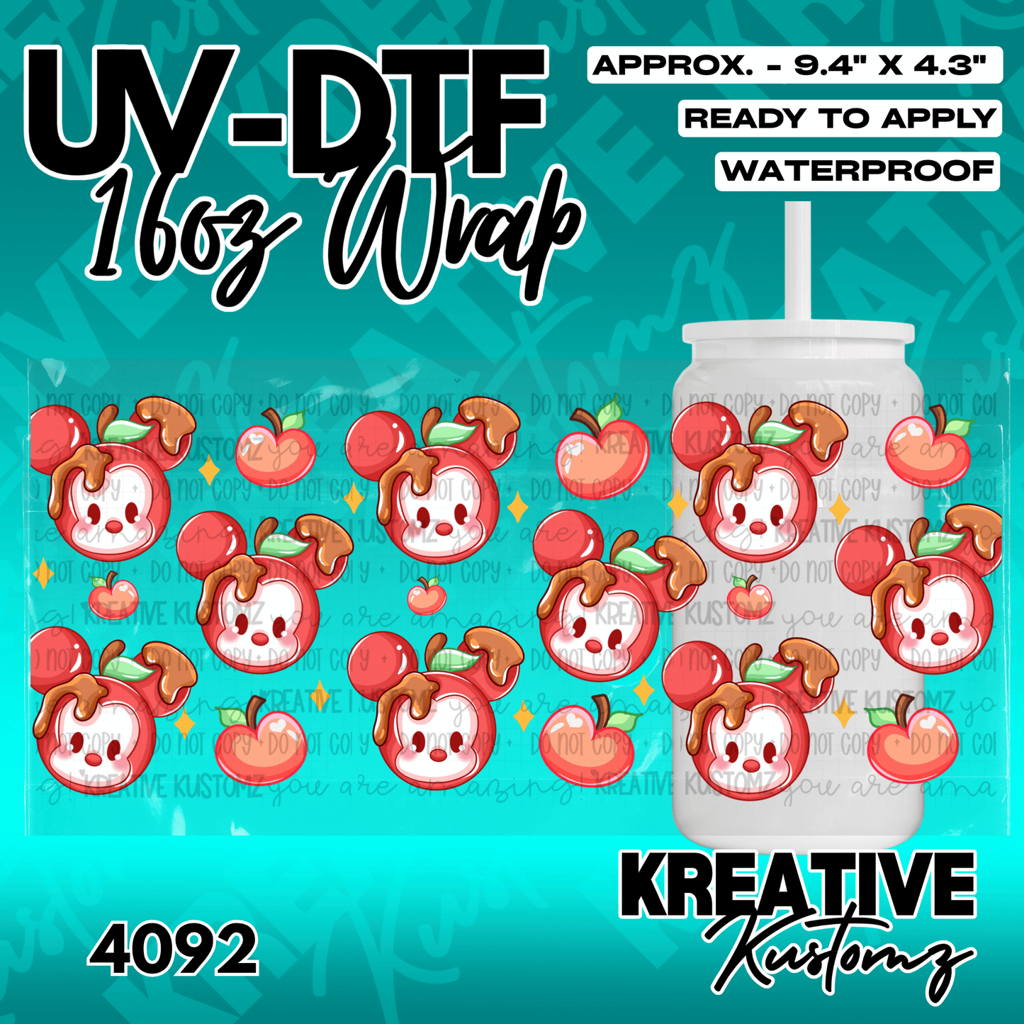 A UV DTF adhesive wrap featuring a repeating pattern of caramel-dipped apple characters.