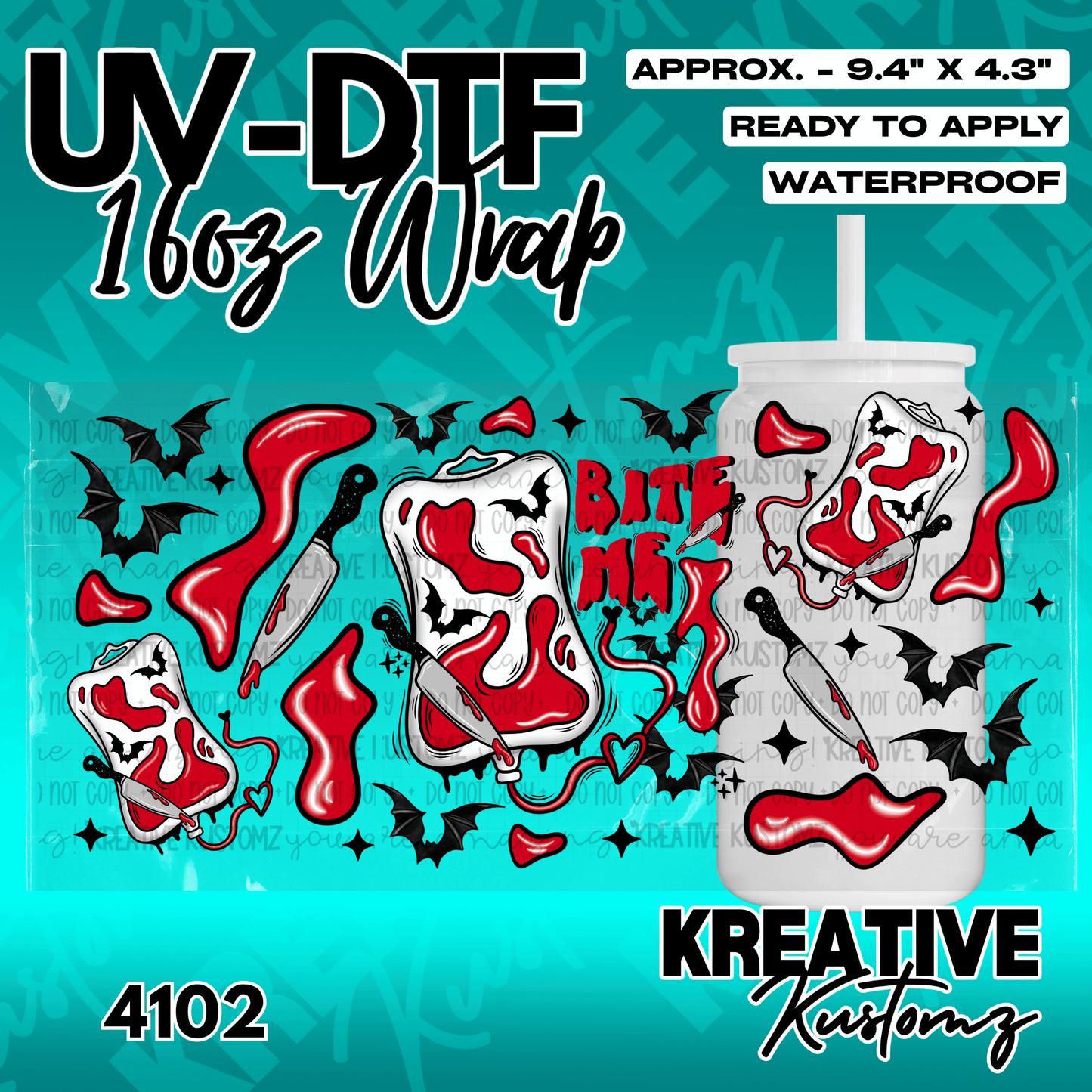 A Halloween themed UV DTF cup wrap featuring blood bags, knives, and bats on a glass can.
