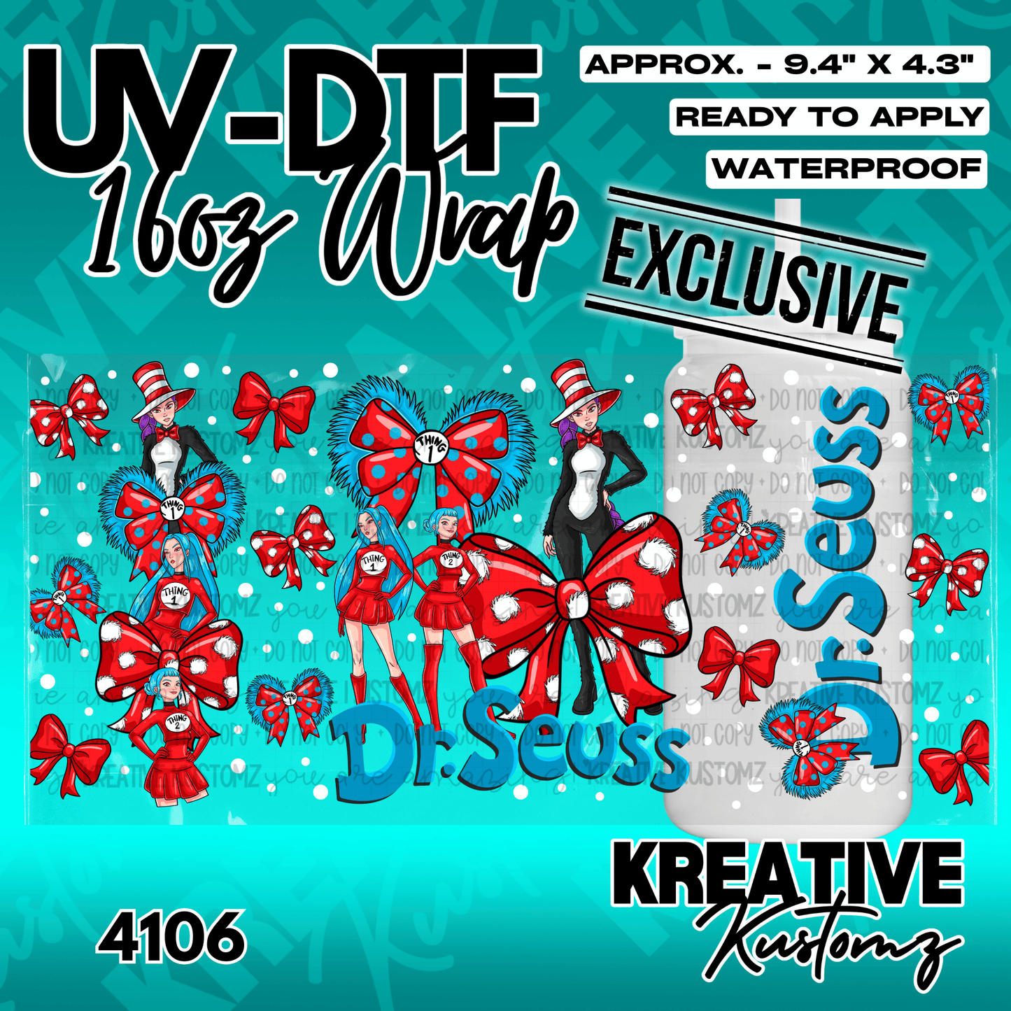 A Dr. Seuss themed UV DTF adhesive wrap for a 16oz glass cup featuring character illustrations.