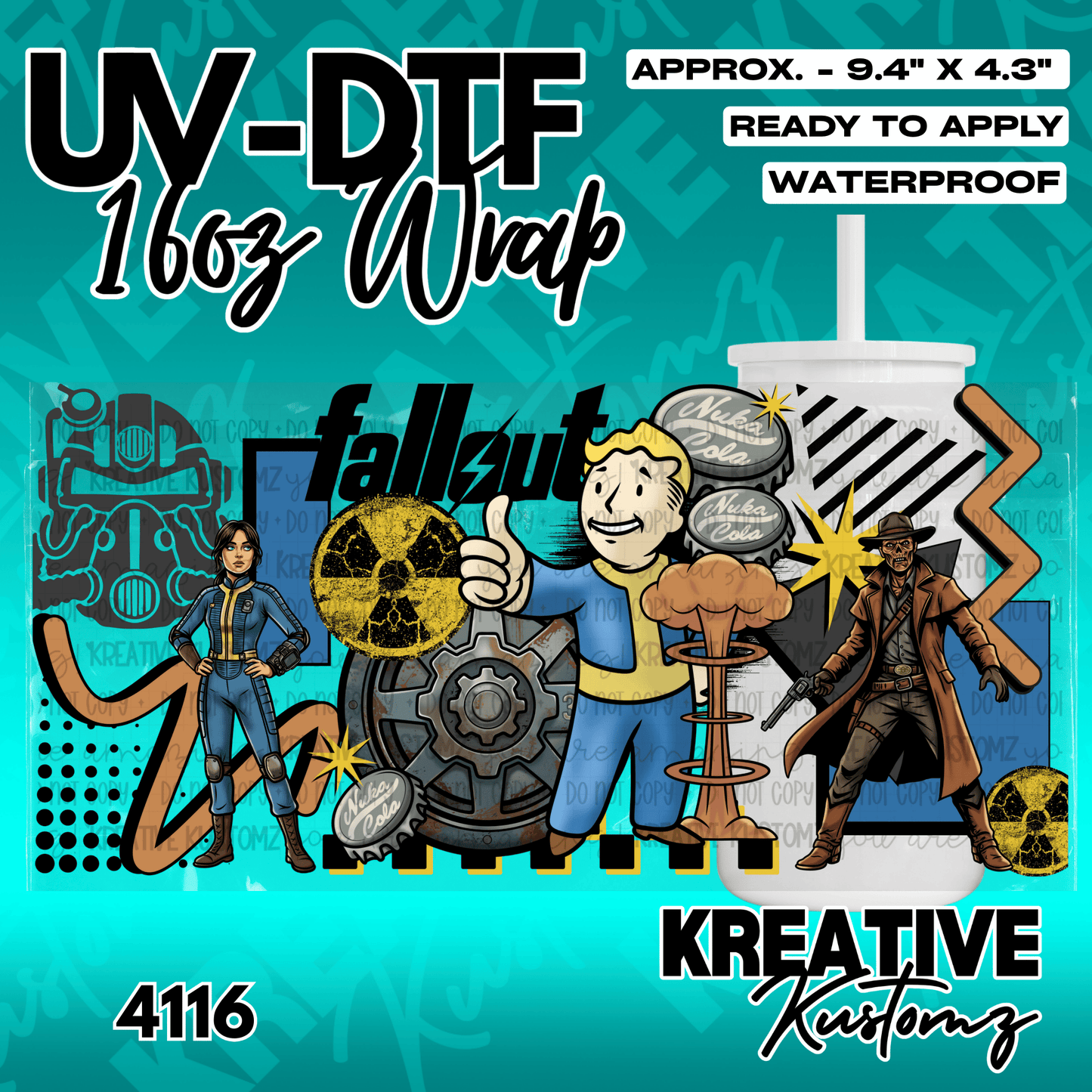 A Fallout themed adhesive wrap for a 16oz glass cup featuring characters and icons from the game.