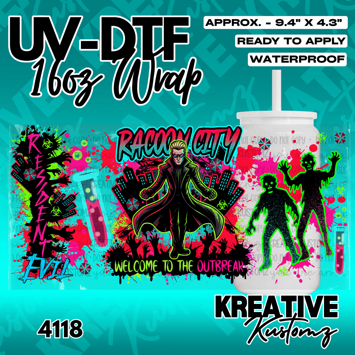 A Resident Evil themed UV DTF adhesive wrap for a 16oz glass cup featuring Albert Wesker.