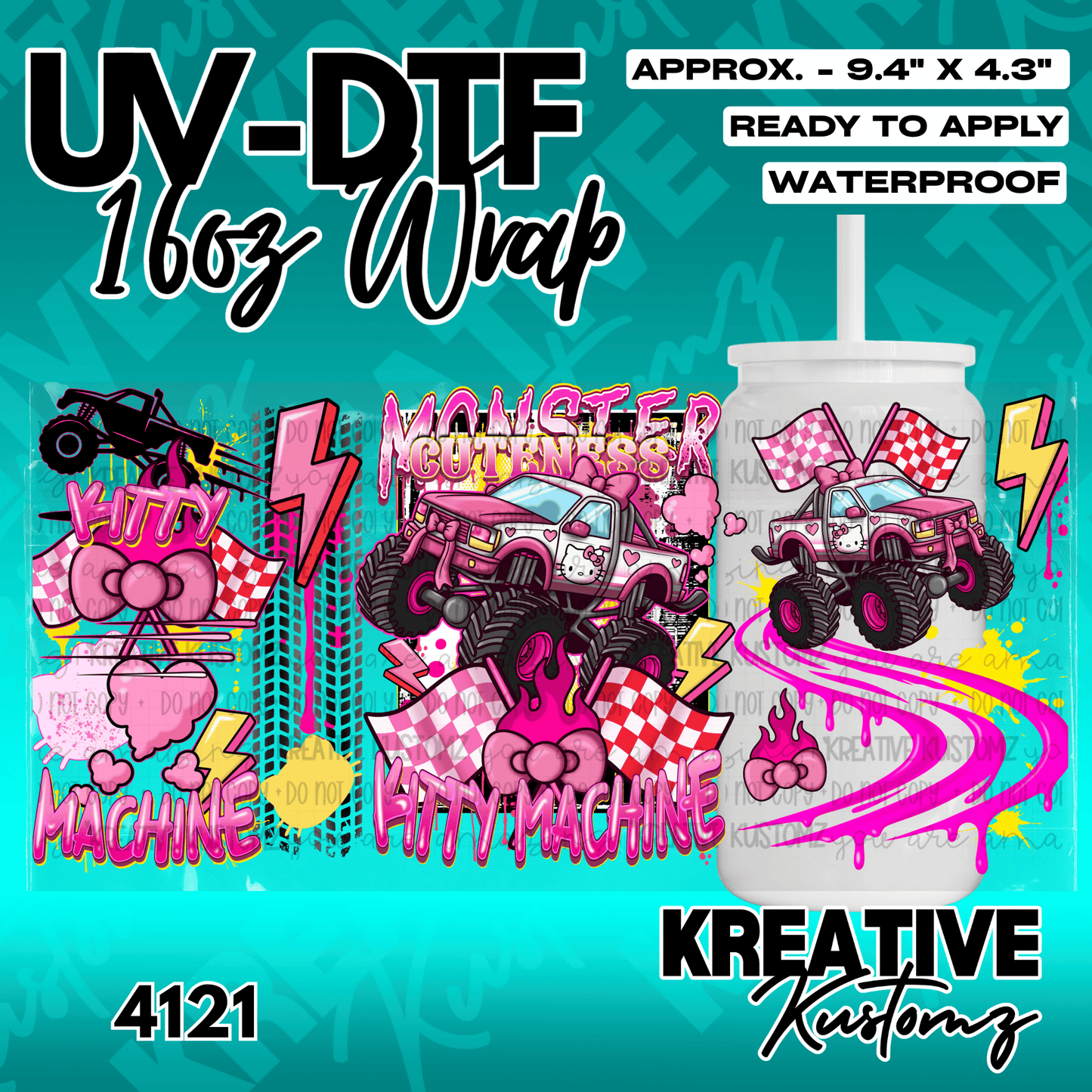 A pink monster truck themed UV DTF adhesive wrap for a 16oz glass can.