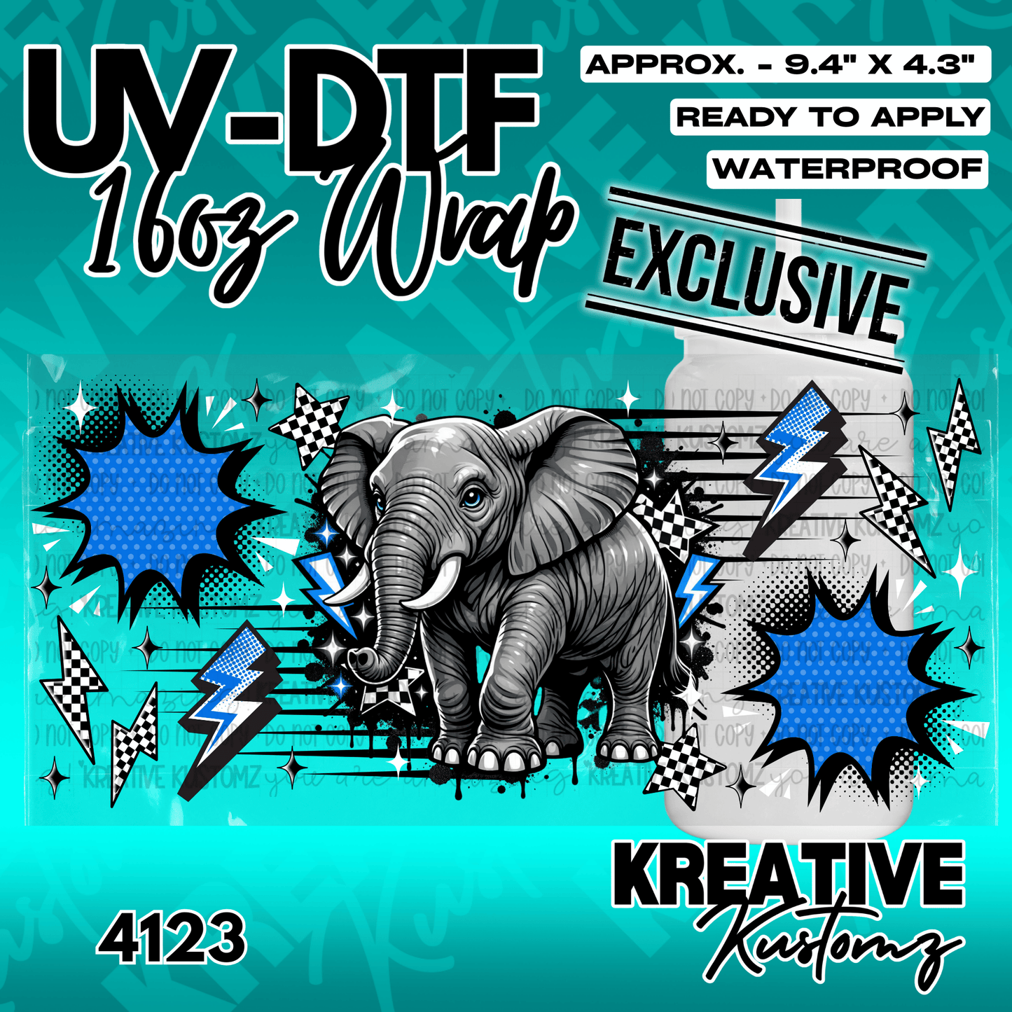 A UV DTF adhesive wrap for 16oz glass cups featuring an elephant, lightning bolts, and stars.