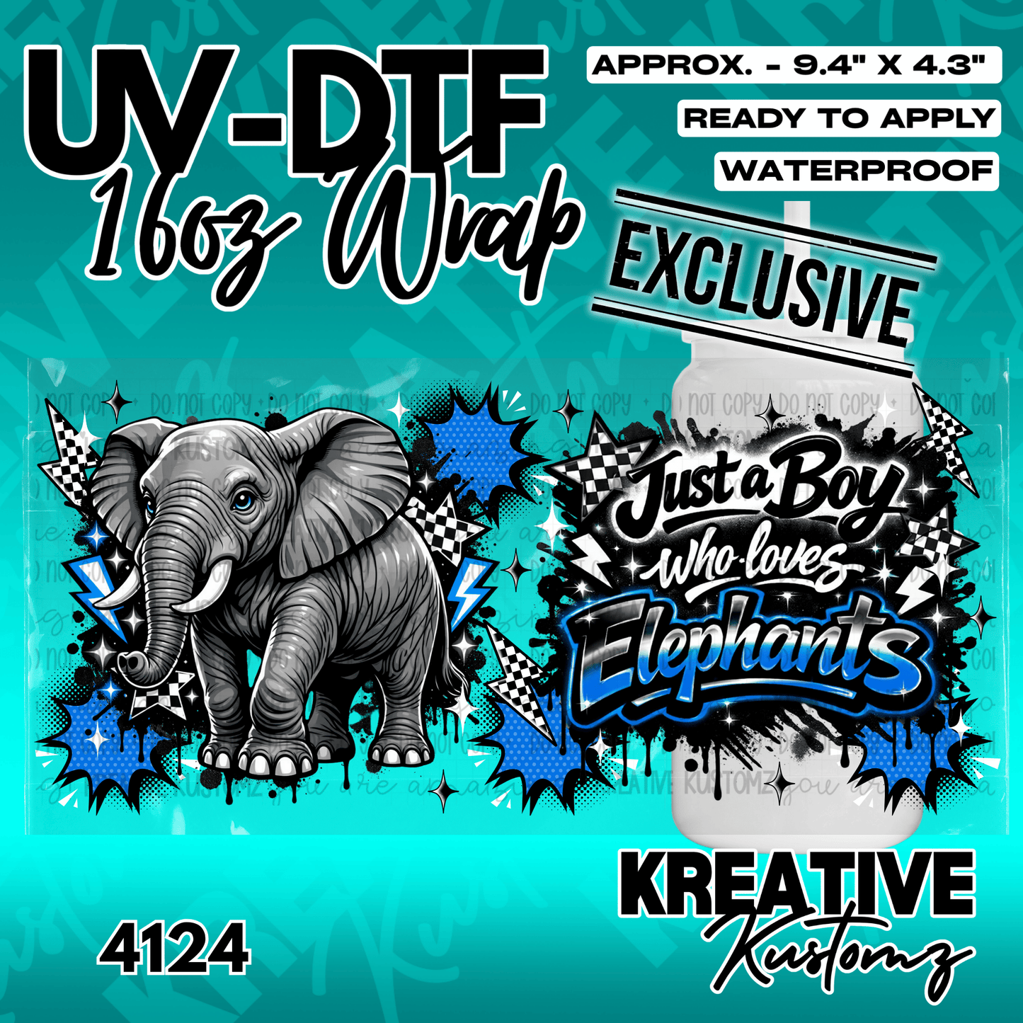 A UV DTF adhesive wrap for 16oz glass cups featuring an elephant and blue graffiti-style text.