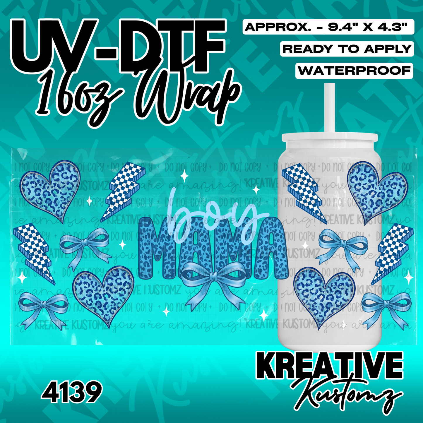 A blue leopard print boy mama cup wrap featuring hearts, lightning bolts, and bows.
