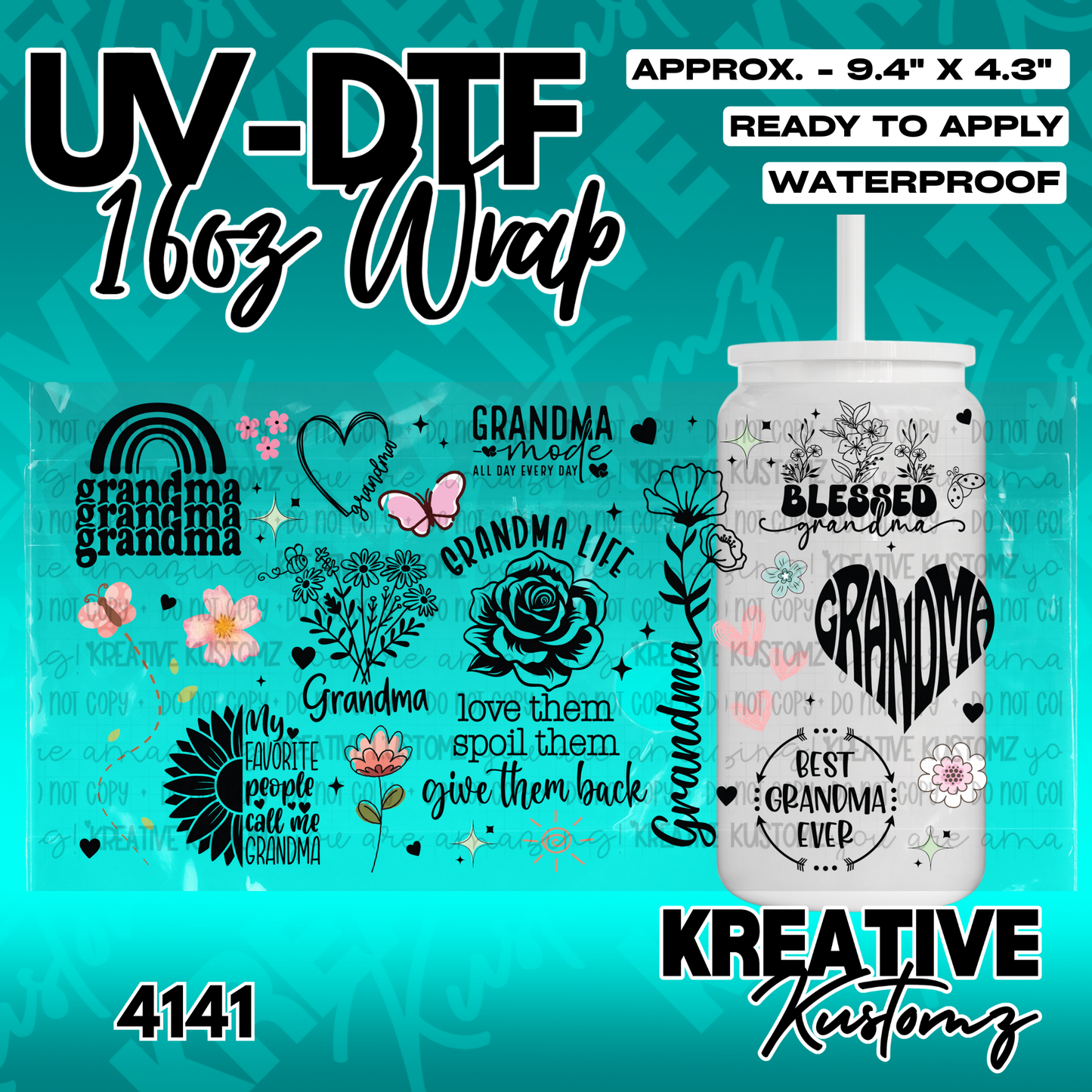 A sheet of Grandma-themed UV DTF adhesive decals for a 16oz glass cup.