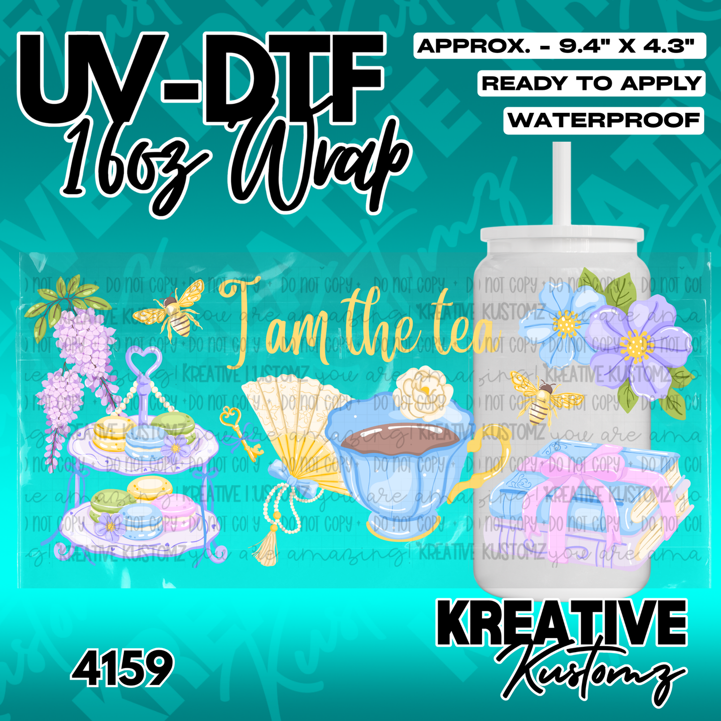 A floral UV DTF adhesive wrap for a 16oz glass cup featuring tea-themed illustrations.