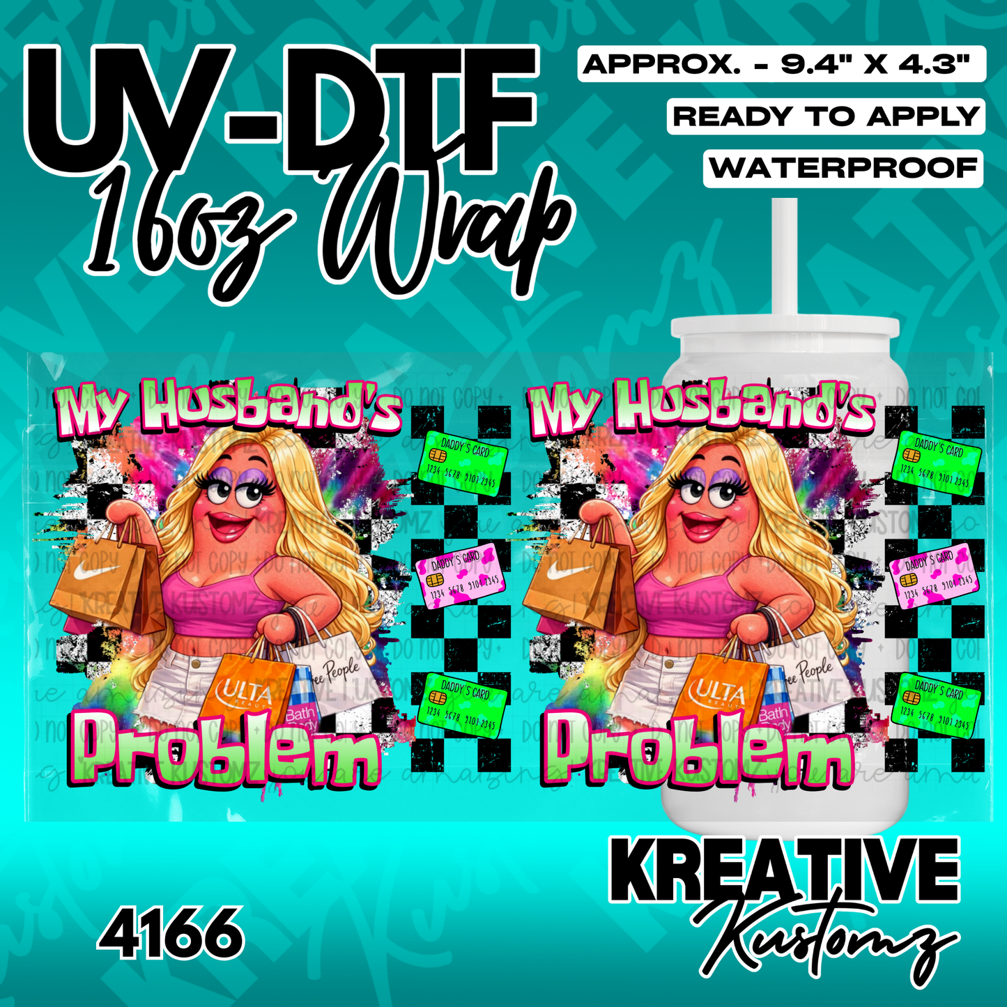 A UV DTF cup wrap featuring a cartoon character with shopping bags and credit cards.