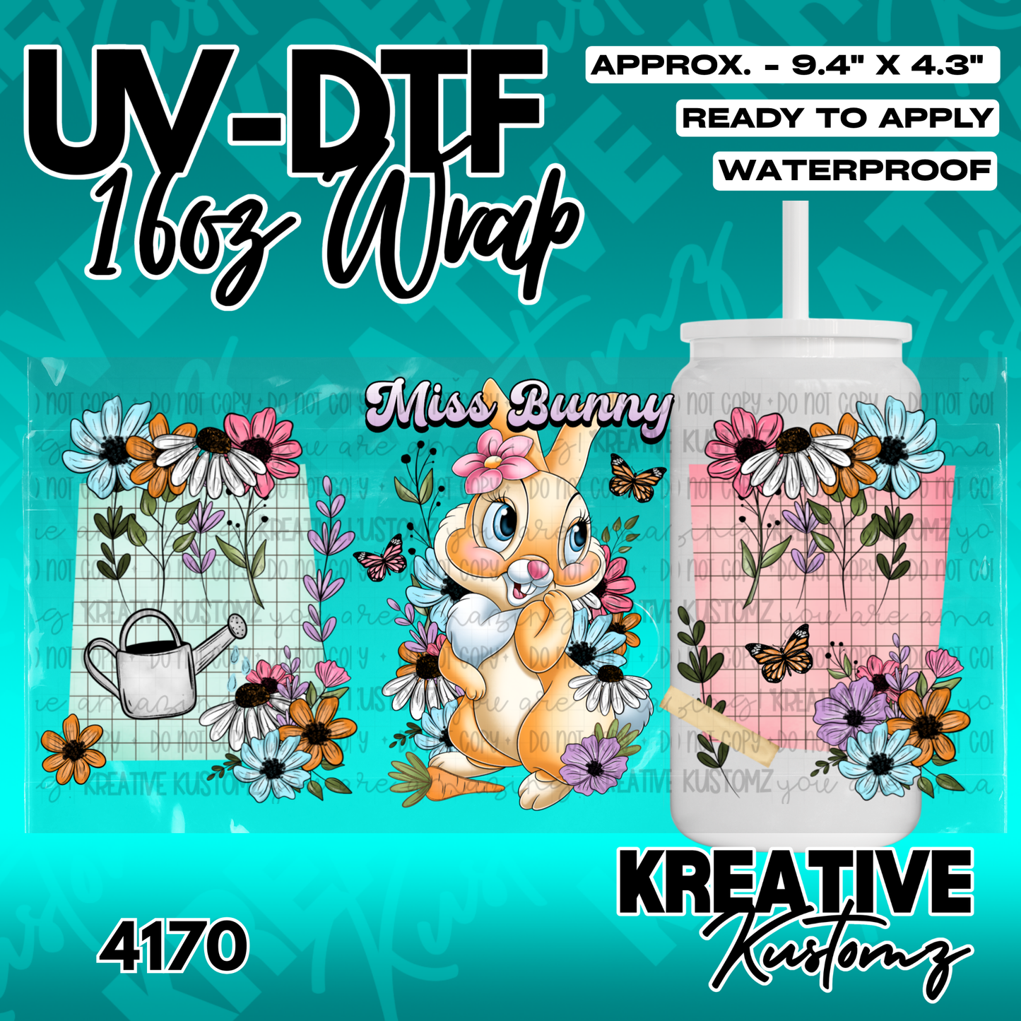 A floral UV DTF adhesive wrap featuring a cartoon bunny and garden elements for a glass cup.