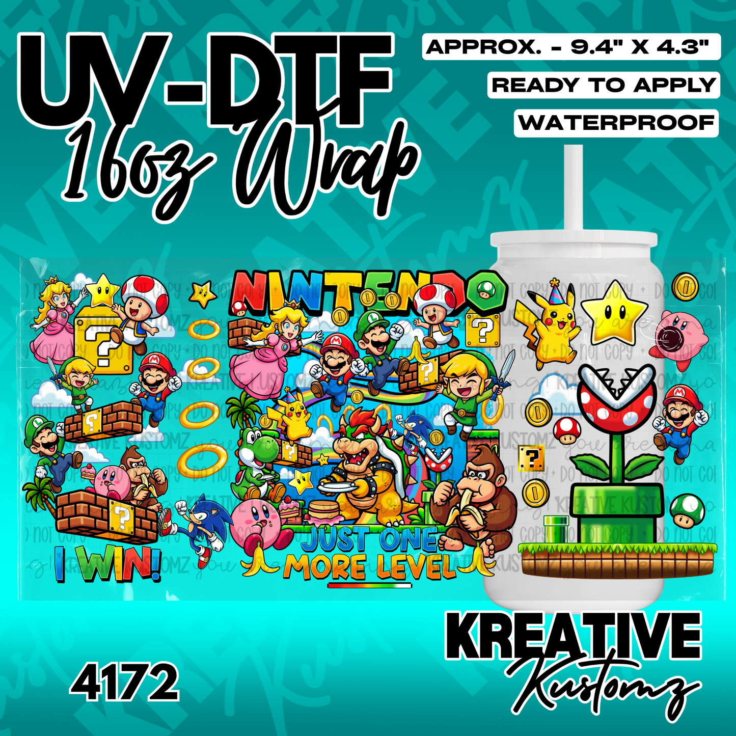 A UV DTF adhesive cup wrap featuring a colorful collage of various Nintendo video game characters.