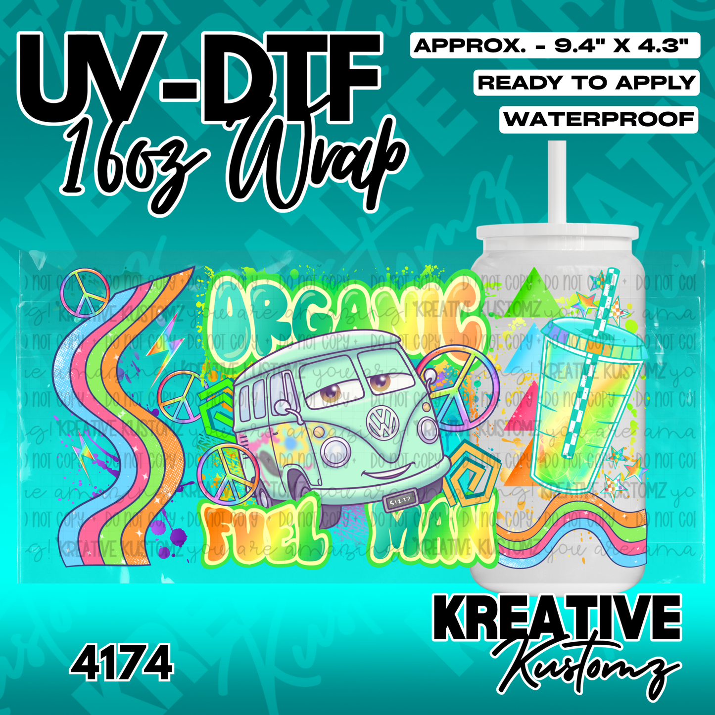 A colorful UV DTF adhesive wrap featuring a cartoon van and peace signs for a 16oz glass cup.