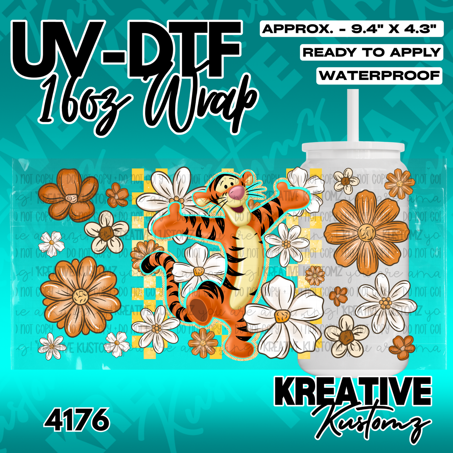 A UV DTF cup wrap featuring Tigger surrounded by orange and white flowers on a checkered background.