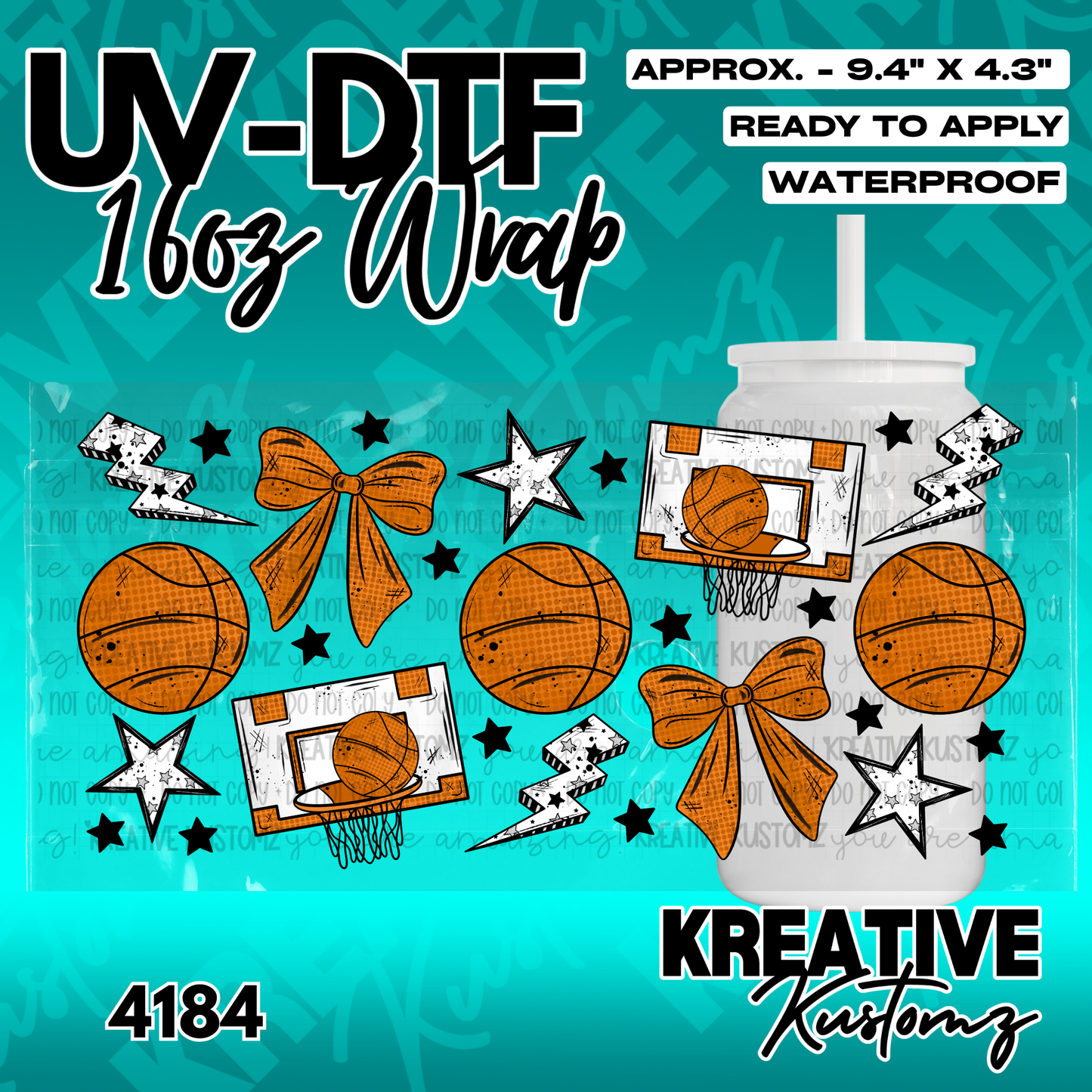 A basketball themed UV DTF adhesive wrap for a 16oz glass cup featuring balls, bows, and stars.