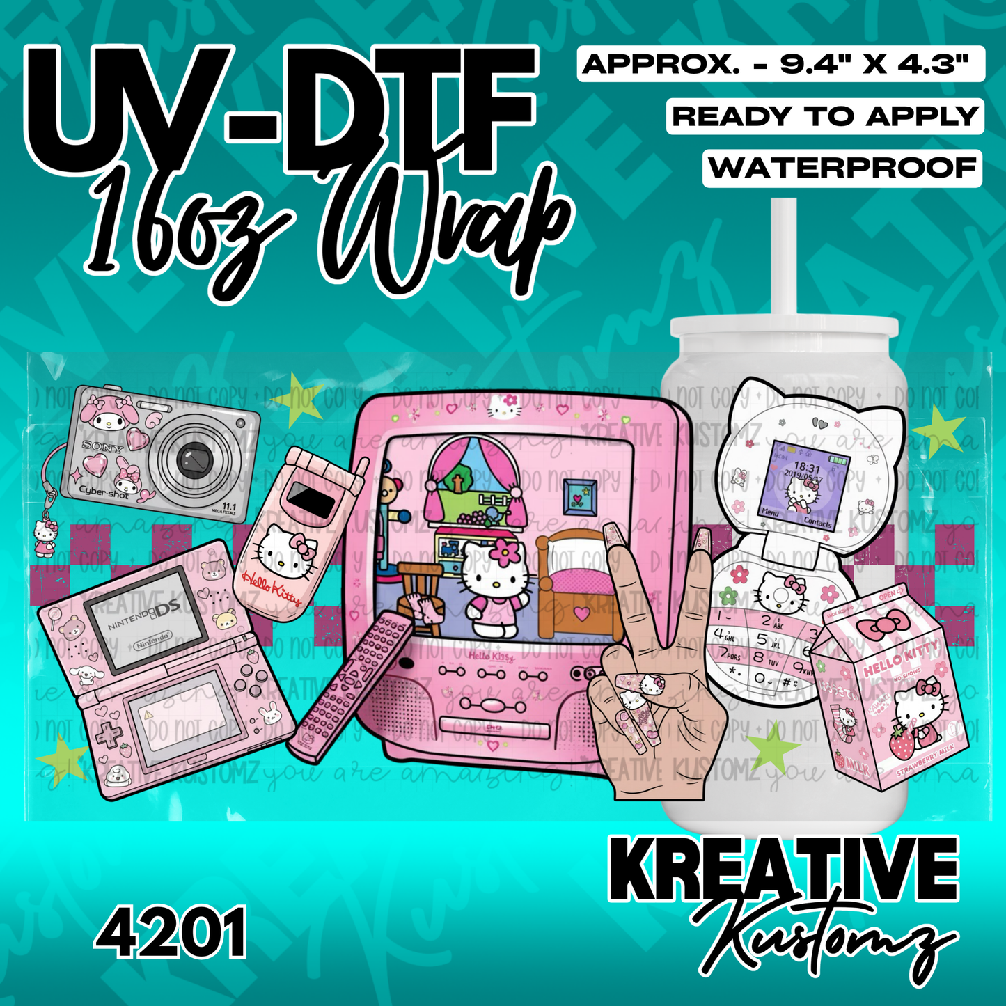 A Hello Kitty themed UV DTF adhesive wrap for a 16oz glass cup featuring retro electronics.