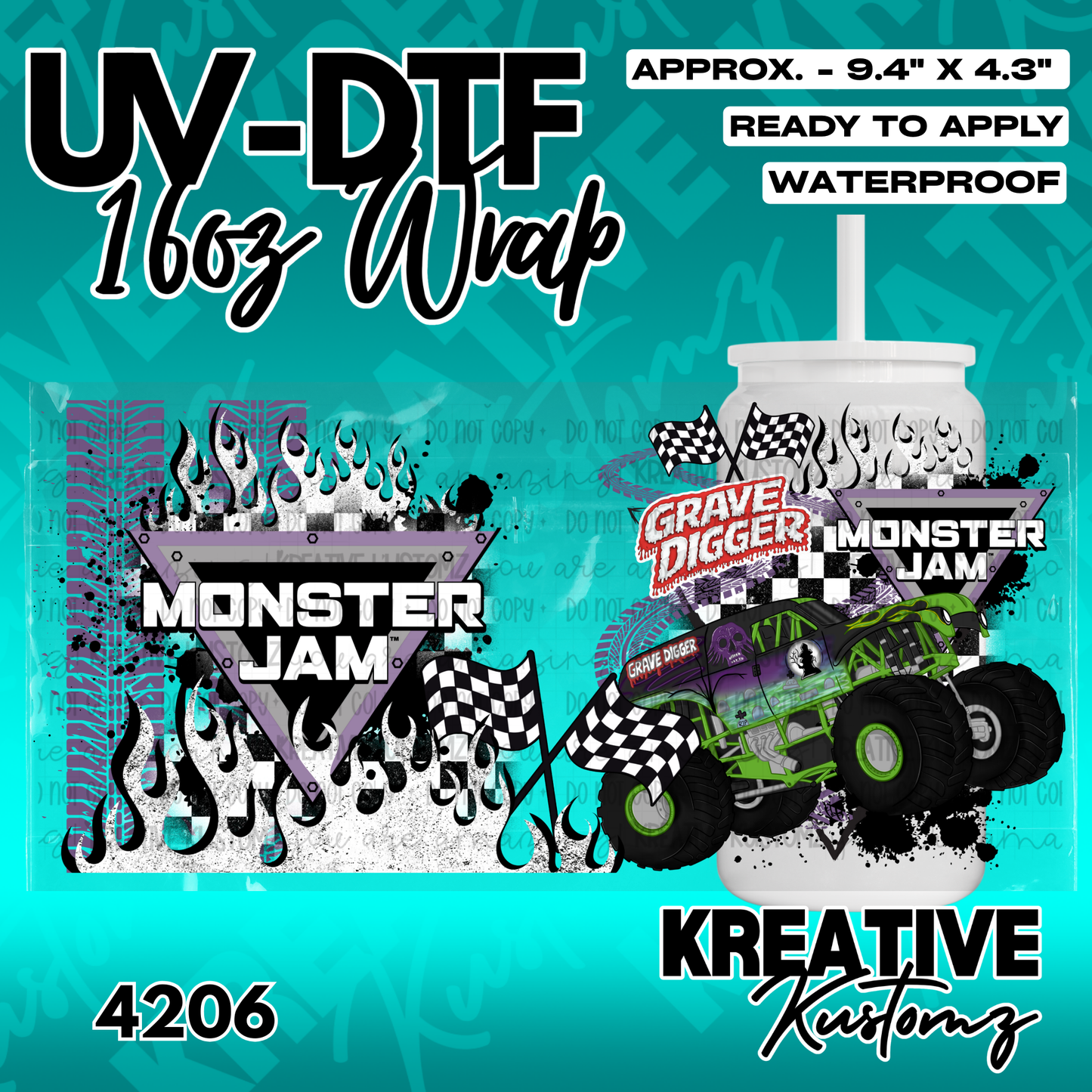 A Monster Jam Grave Digger themed UV DTF wrap for a 16oz glass can.