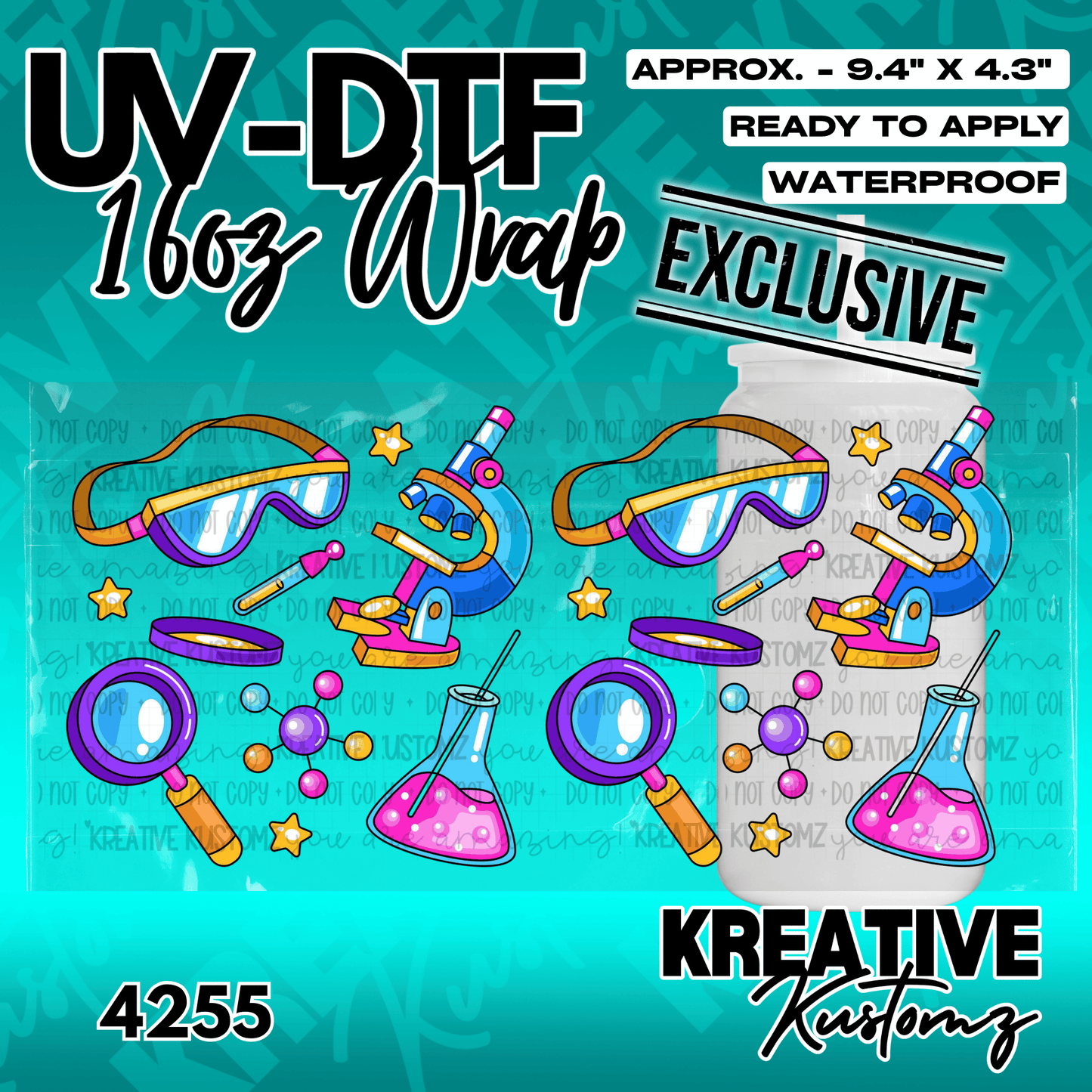 A science-themed UV DTF cup wrap featuring microscopes, goggles, and beakers on a teal background.