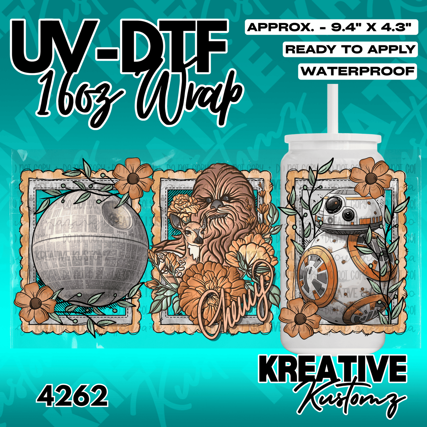 A floral Star Wars themed UV DTF adhesive wrap for a 16oz glass can.