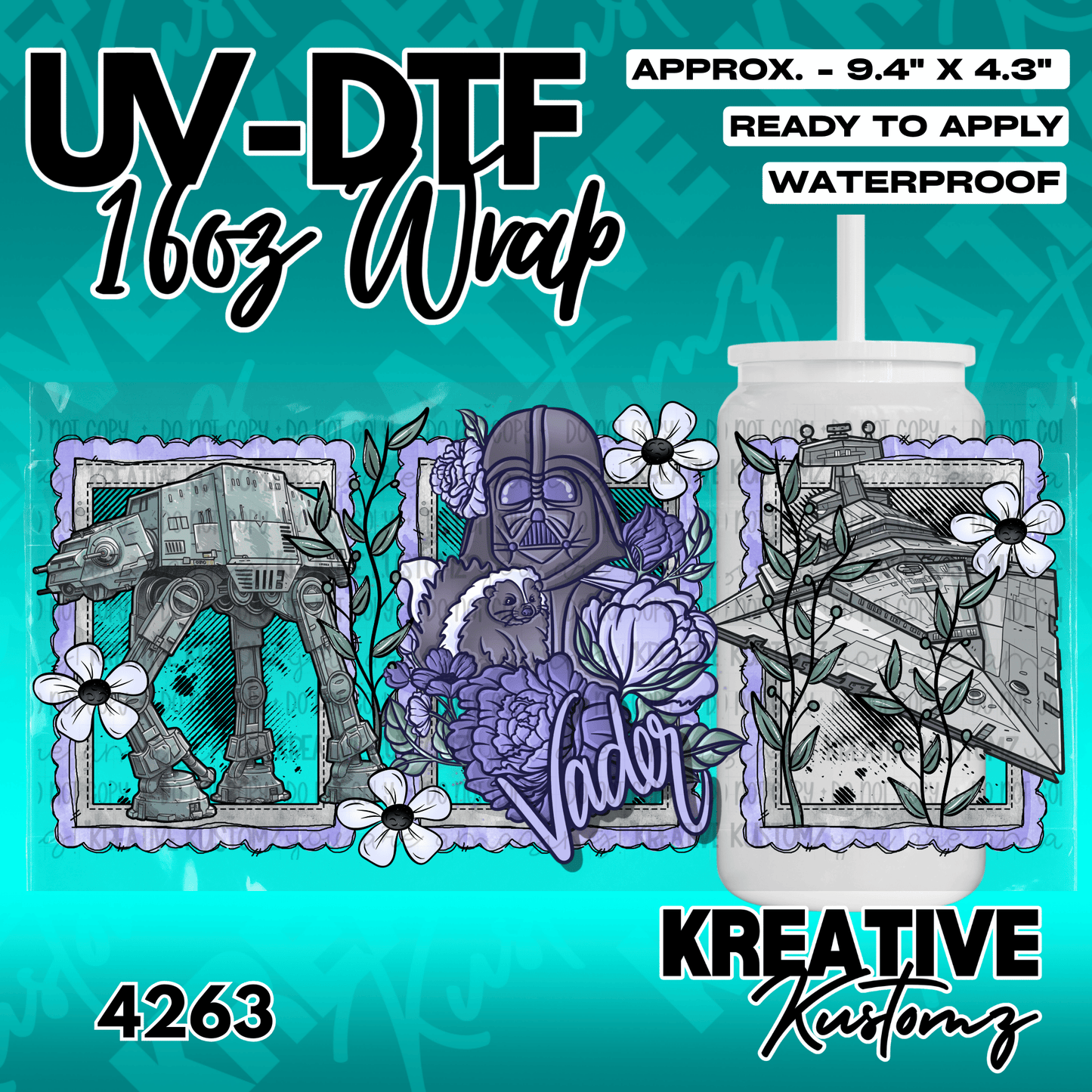 A Star Wars themed UV DTF adhesive wrap featuring Darth Vader, an AT-AT, and a starship.