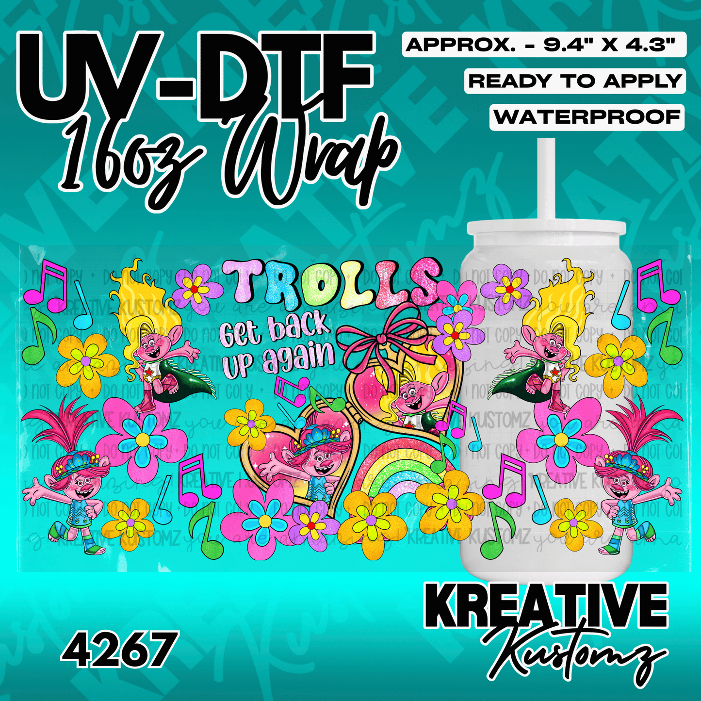A colorful Trolls themed adhesive wrap for a 16oz glass can featuring characters and flowers.