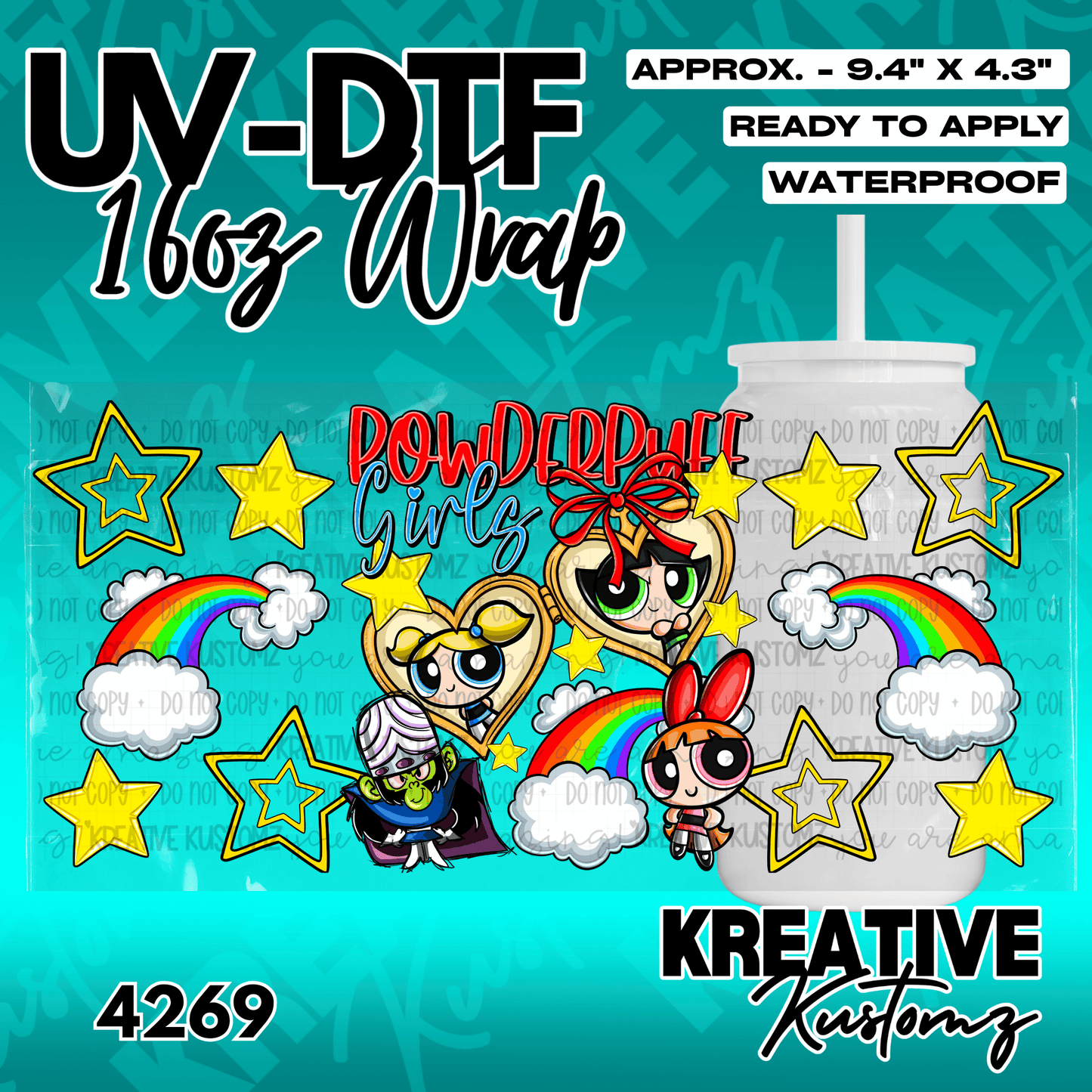 A Powerpuff Girls themed UV DTF adhesive wrap for a 16oz glass can.