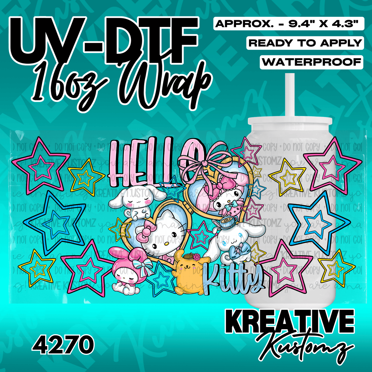 A Hello Kitty themed UV DTF adhesive wrap for a 16oz glass cup featuring colorful stars.