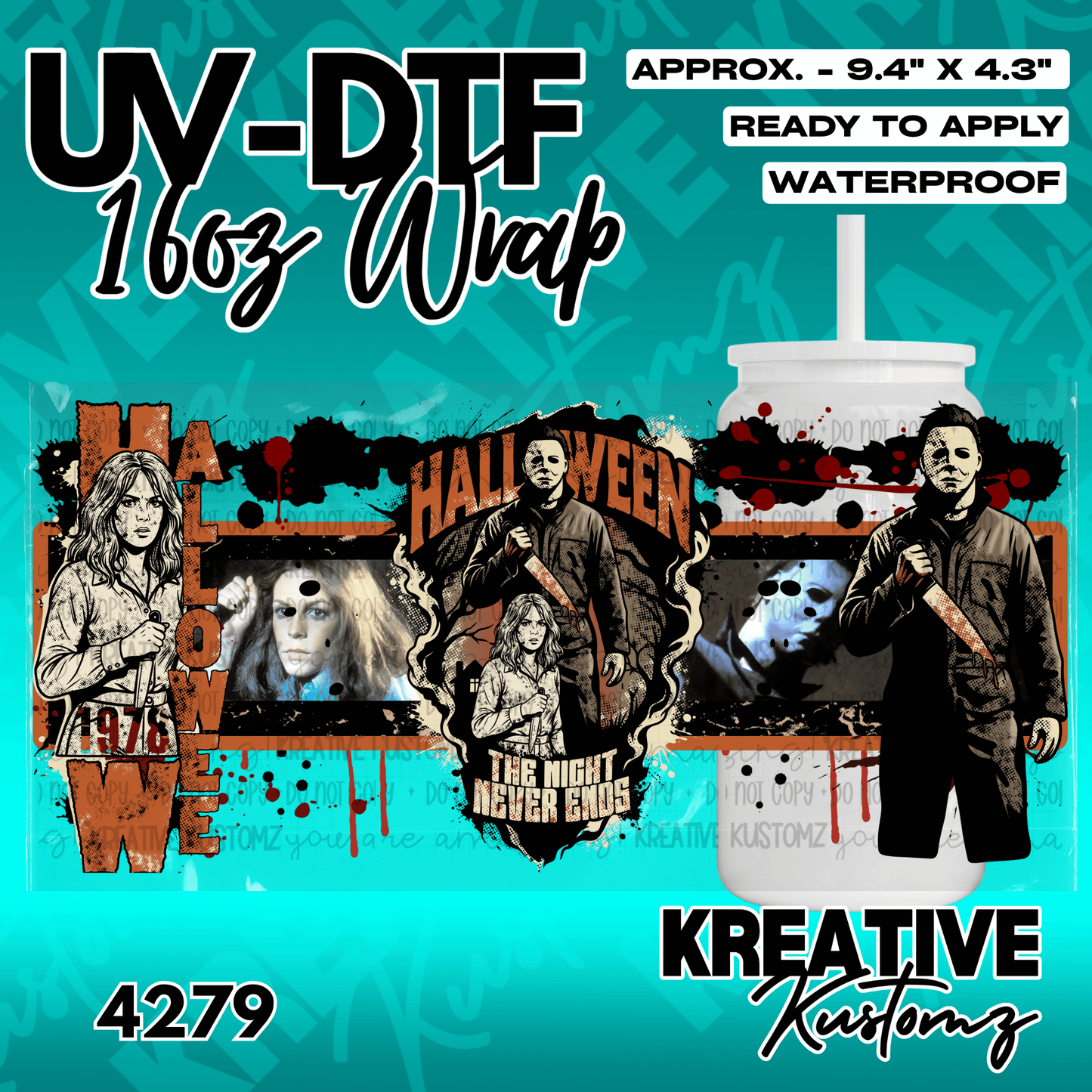 A Halloween themed UV DTF adhesive wrap for a 16oz glass cup featuring Michael Myers imagery.