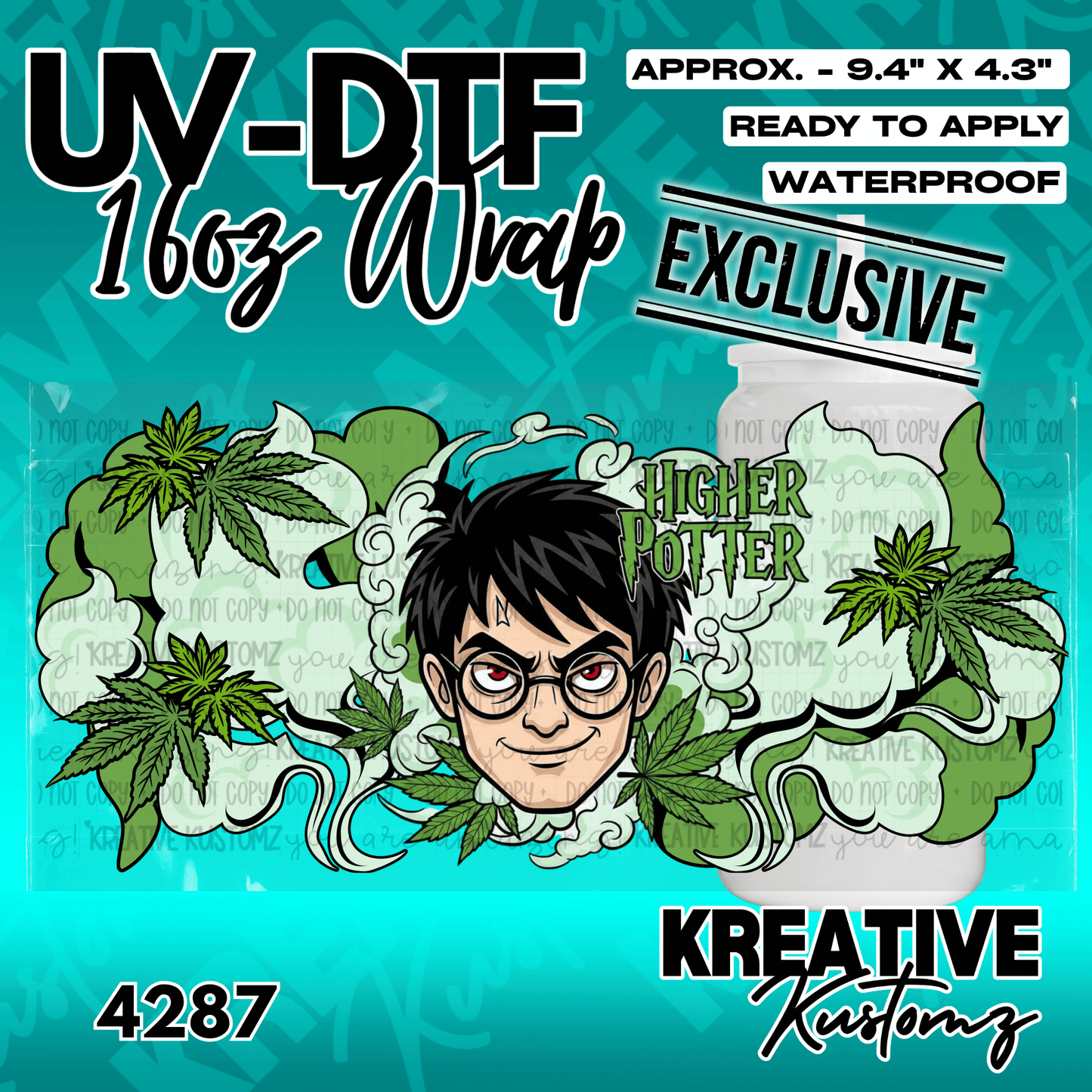 A UV DTF wrap for a 16oz glass cup featuring a cartoon character with cannabis leaves and smoke.