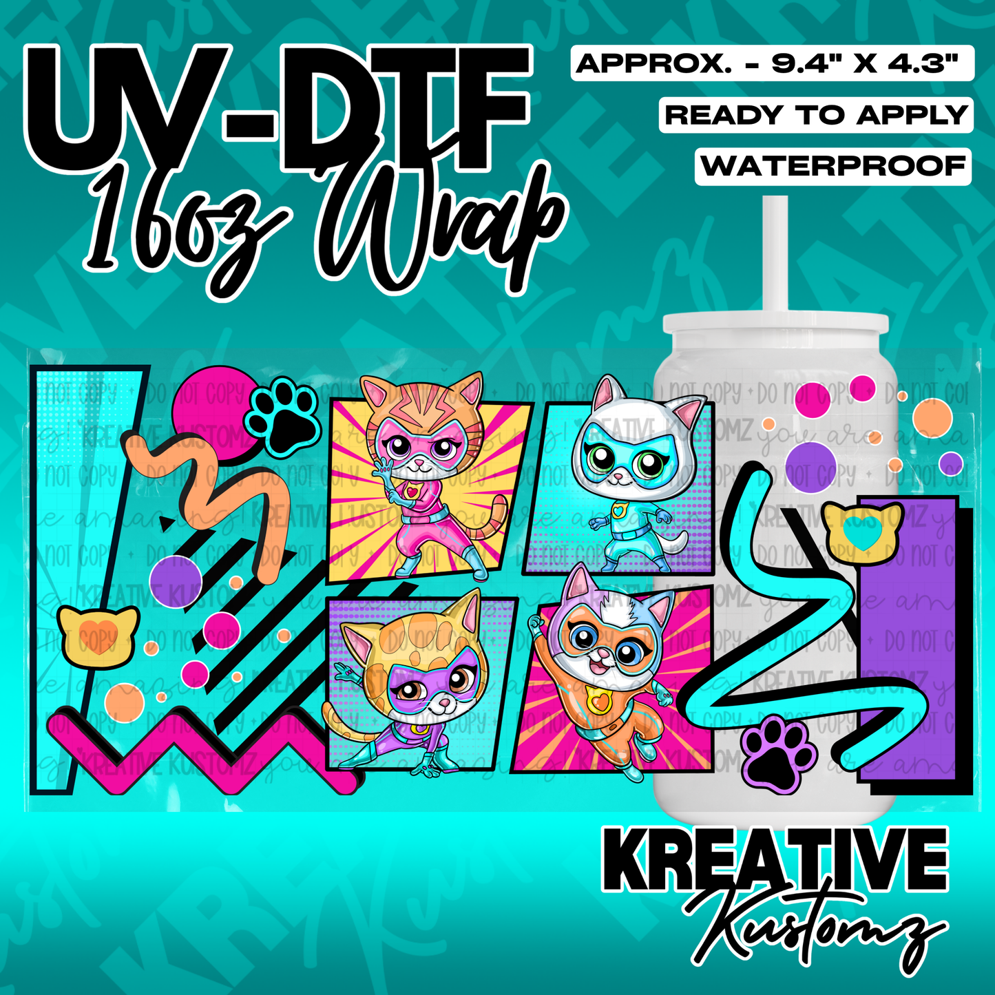 A 16oz glass can wrap featuring colorful superhero cat illustrations and geometric shapes.