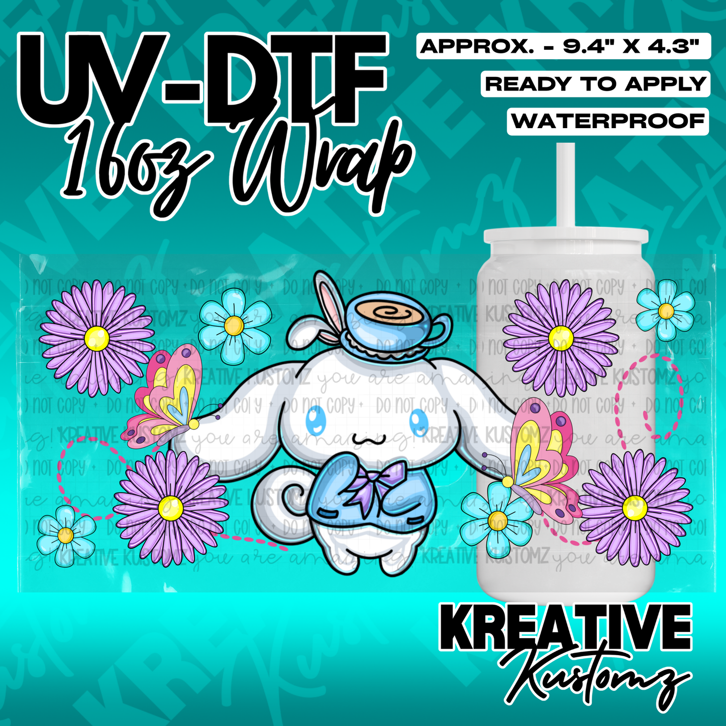 A floral UV DTF adhesive wrap for 16oz glass cans featuring a cartoon character and butterflies.