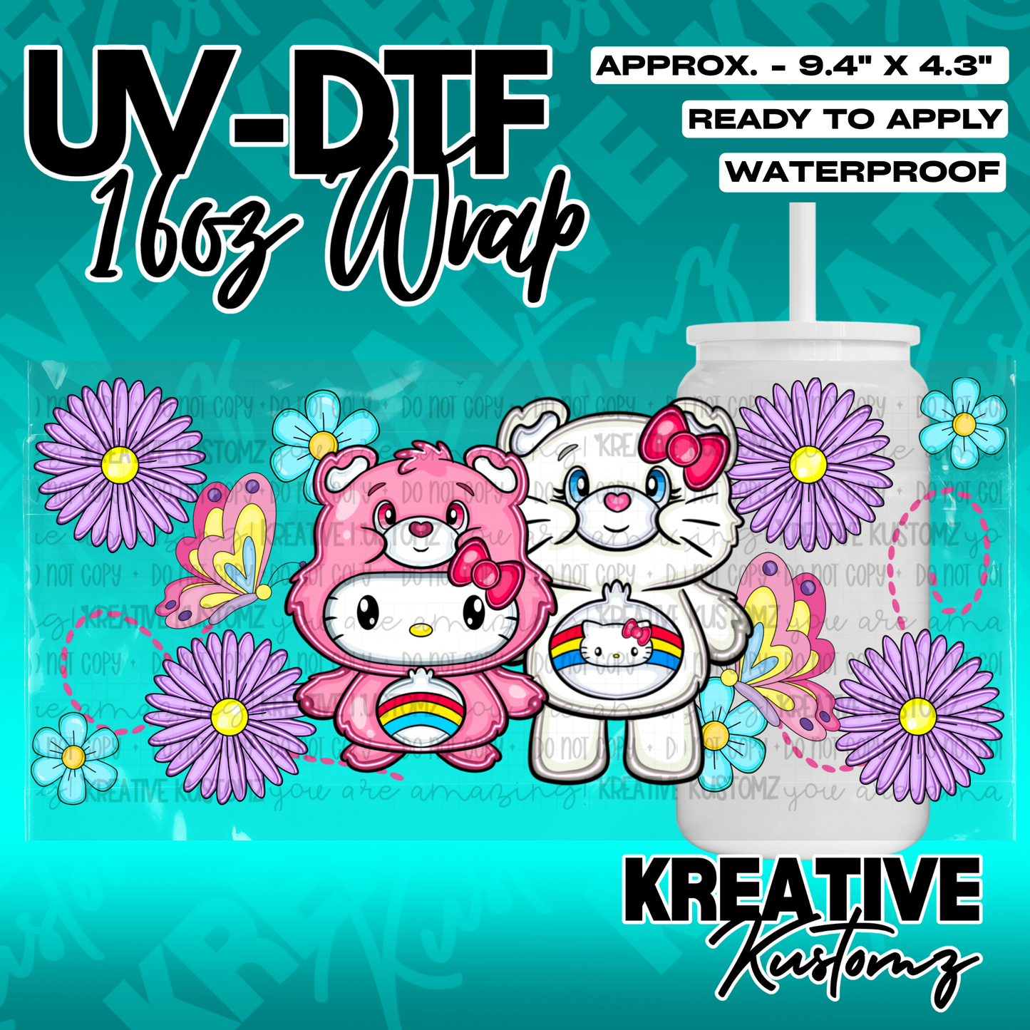 A UV DTF glass can wrap featuring Hello Kitty characters, butterflies, and purple flowers.