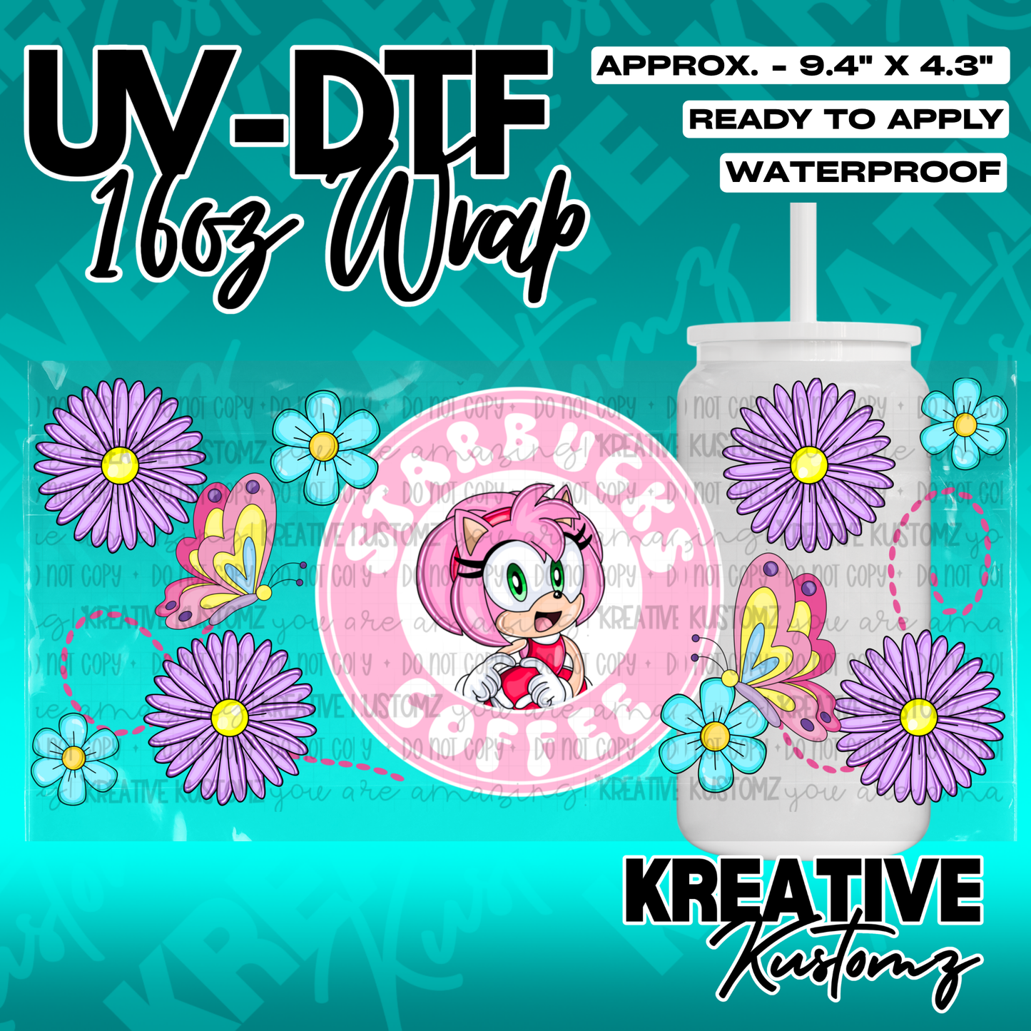 A UV DTF wrap for a 16oz glass cup featuring Amy Rose, butterflies, and purple flowers.