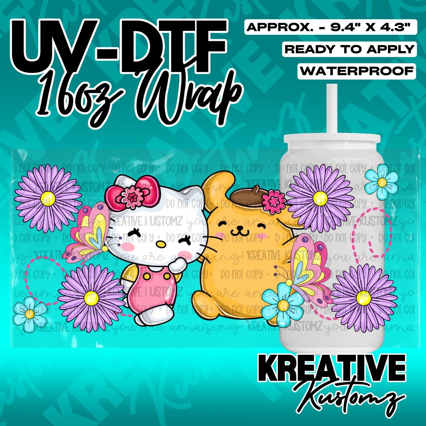 A UV DTF cup wrap featuring Hello Kitty and Pompompurin with flowers and butterflies.
