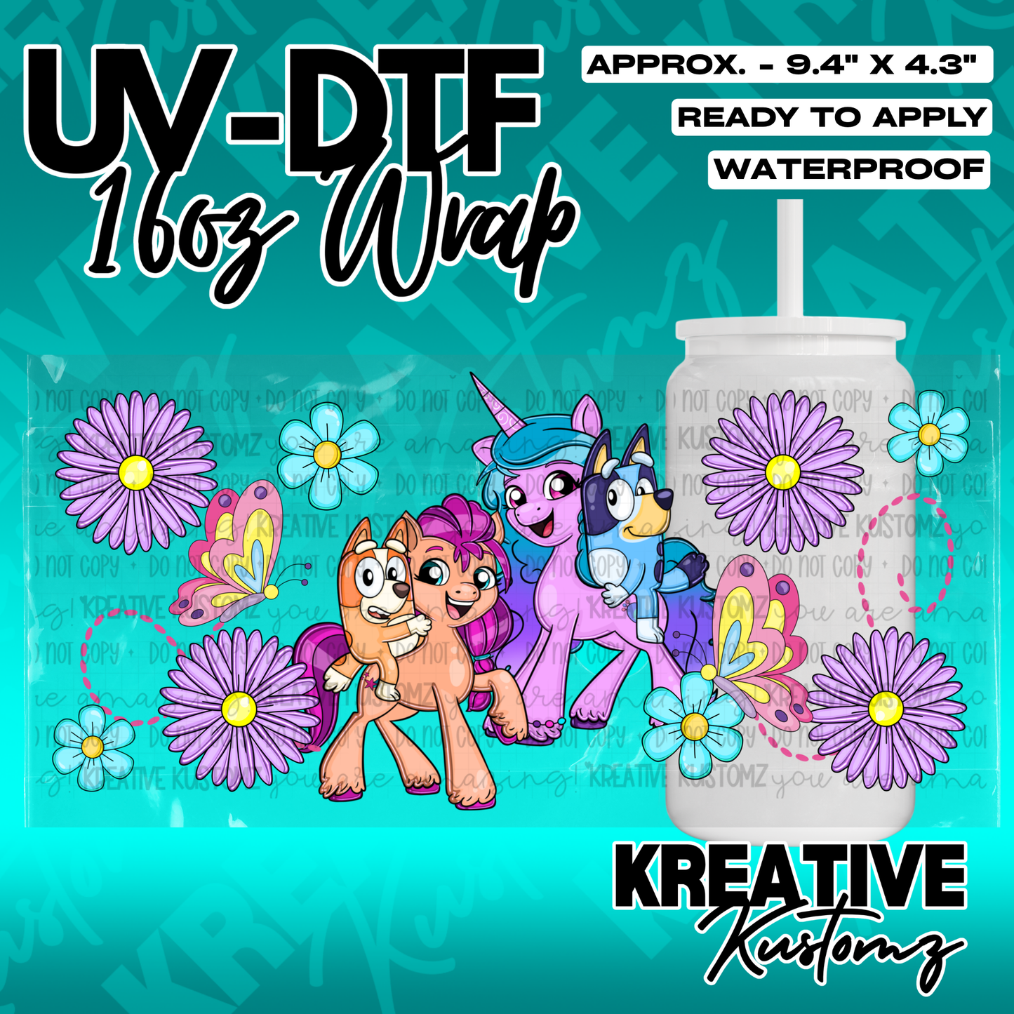A floral UV DTF adhesive wrap for 16oz glass cans featuring cartoon characters and butterflies.