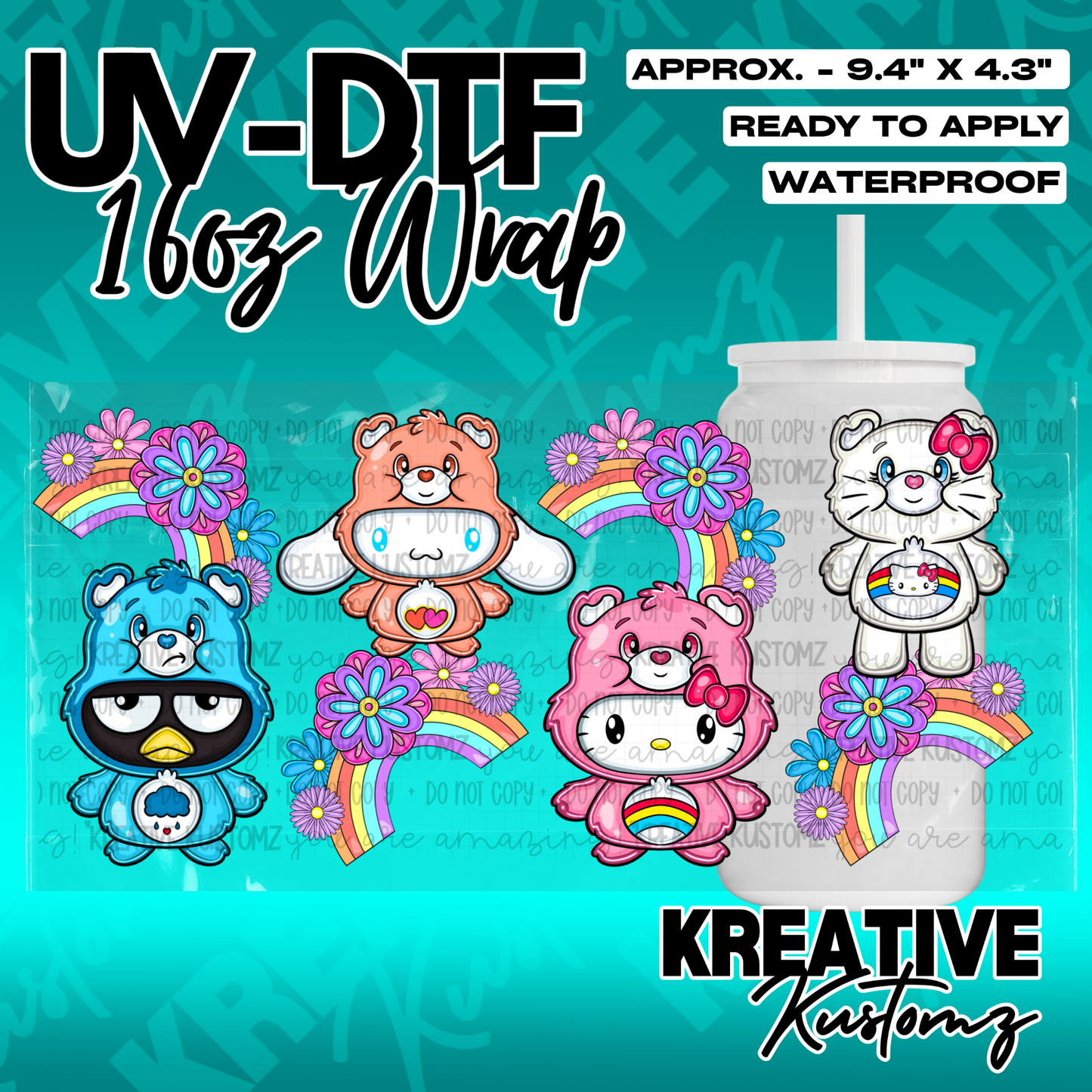 A UV DTF adhesive wrap for a 16oz glass cup featuring Sanrio characters in bear costumes.