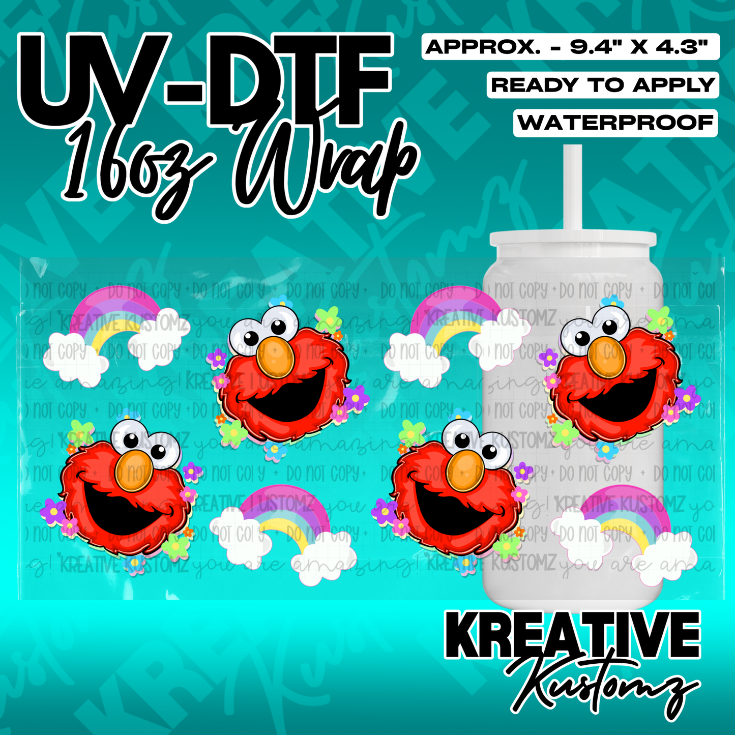 A UV DTF adhesive cup wrap featuring a repeating pattern of Elmo faces and rainbows.