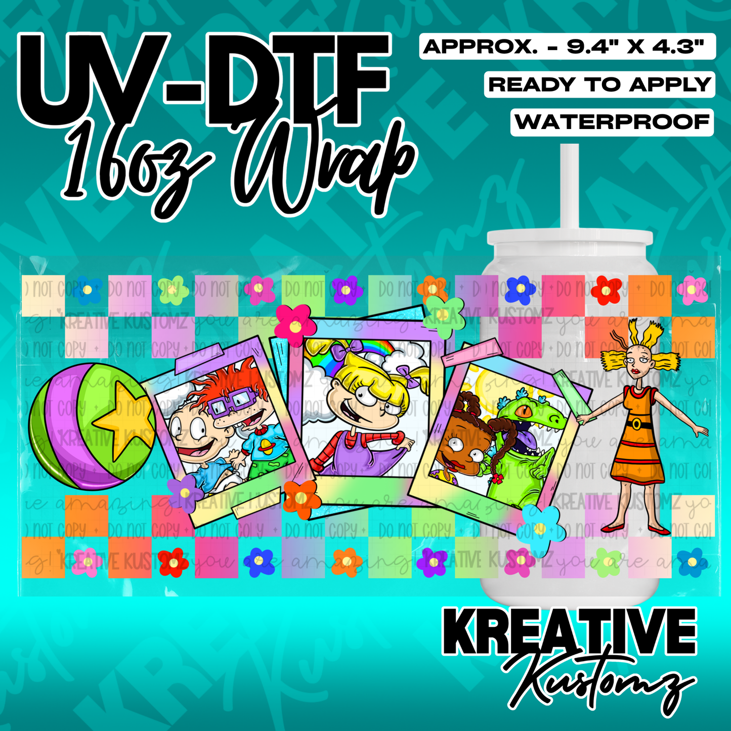 A Rugrats themed UV DTF adhesive wrap for a 16oz glass cup featuring character polaroids.