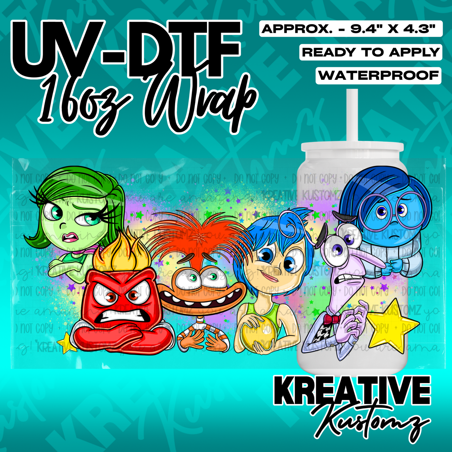 A UV DTF adhesive wrap for 16oz glass cans featuring colorful cartoon characters.