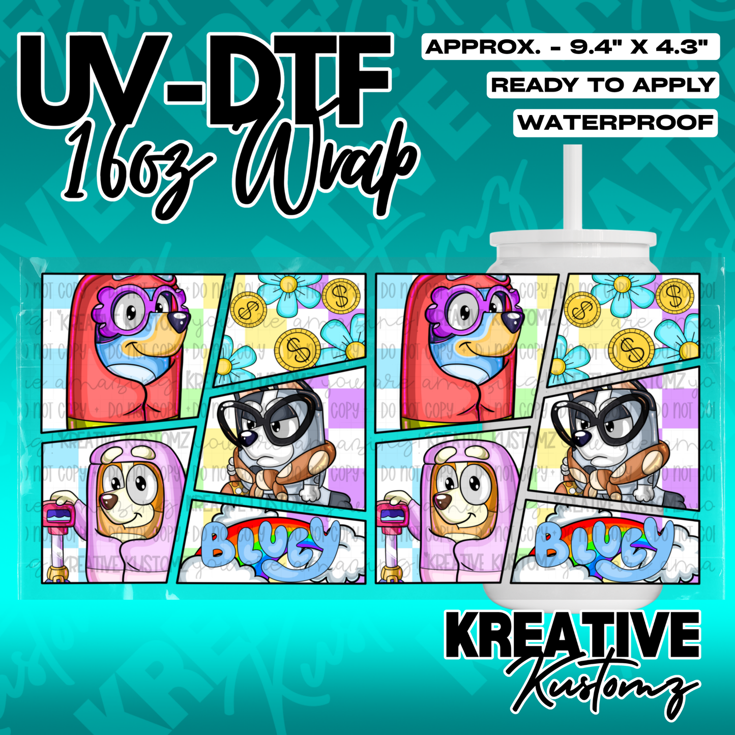 A UV DTF adhesive wrap for 16oz glass cans featuring a colorful Bluey comic book design.