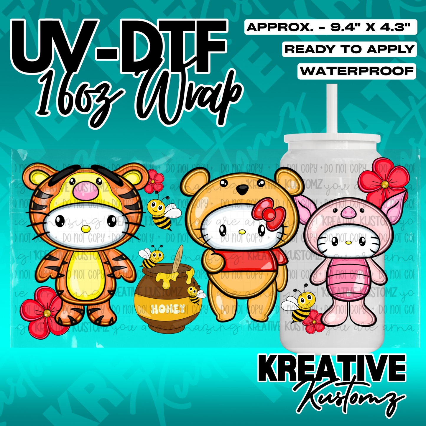 A UV DTF cup wrap featuring Hello Kitty characters dressed as Winnie the Pooh friends.