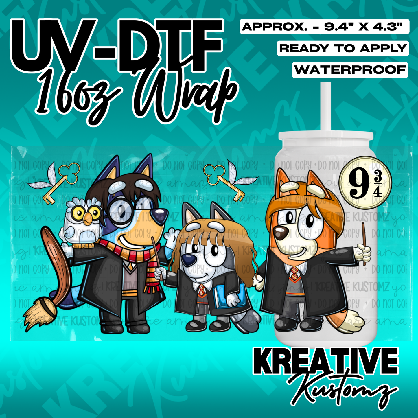 A UV DTF adhesive wrap for 16oz glass cans featuring cartoon dogs dressed as wizards.