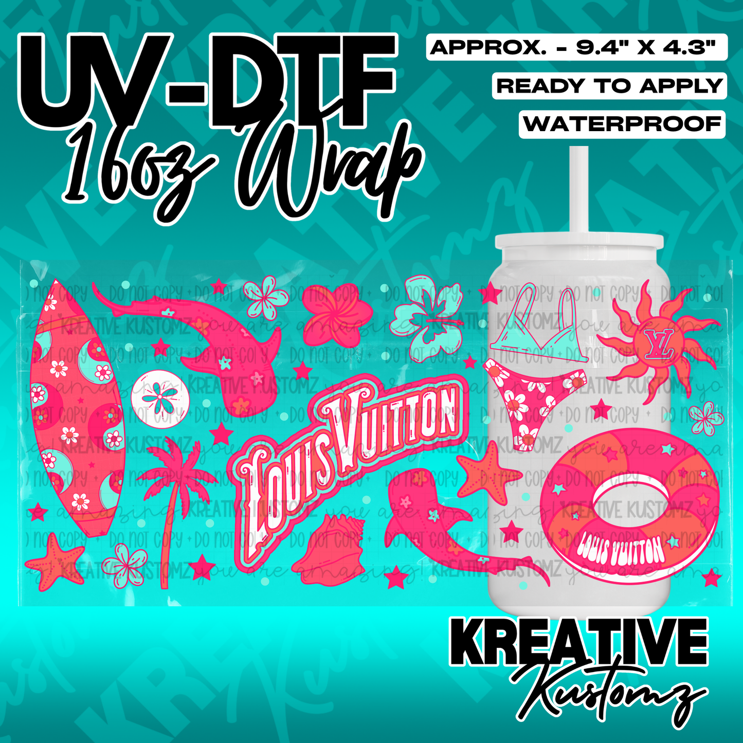 A pink and teal floral beach themed UV DTF adhesive wrap for a 16 ounce glass cup.